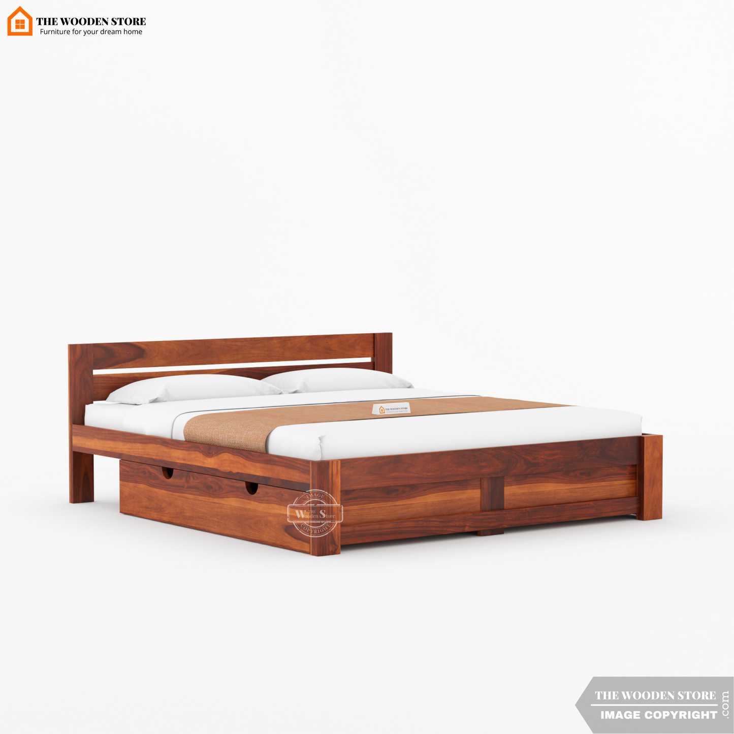 Jasper Bed with Drawer Storage (Queen Size, Honey Finish)