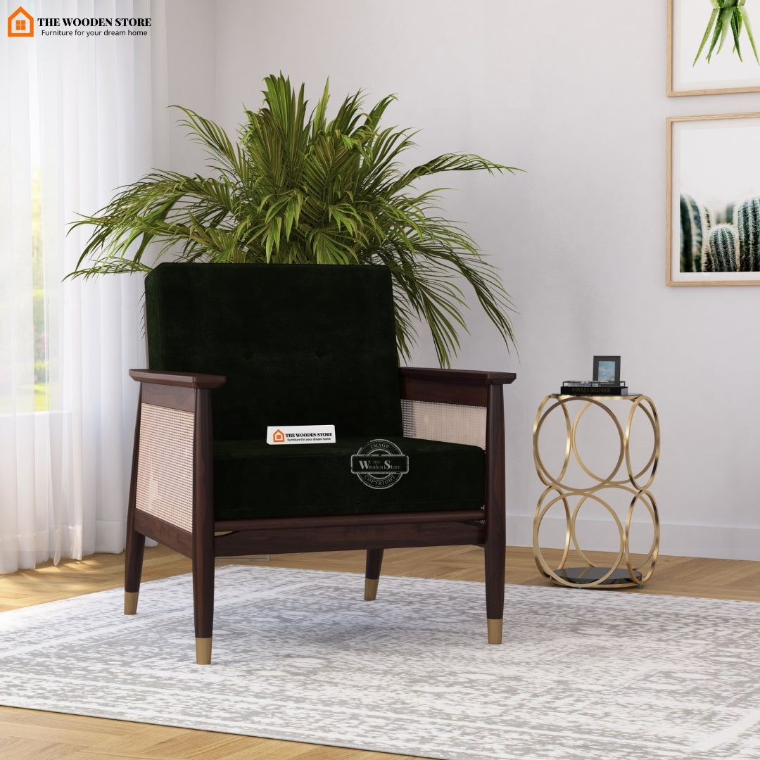 Eliath Cane Arm Chair (Olive Green, Walnut Finish)