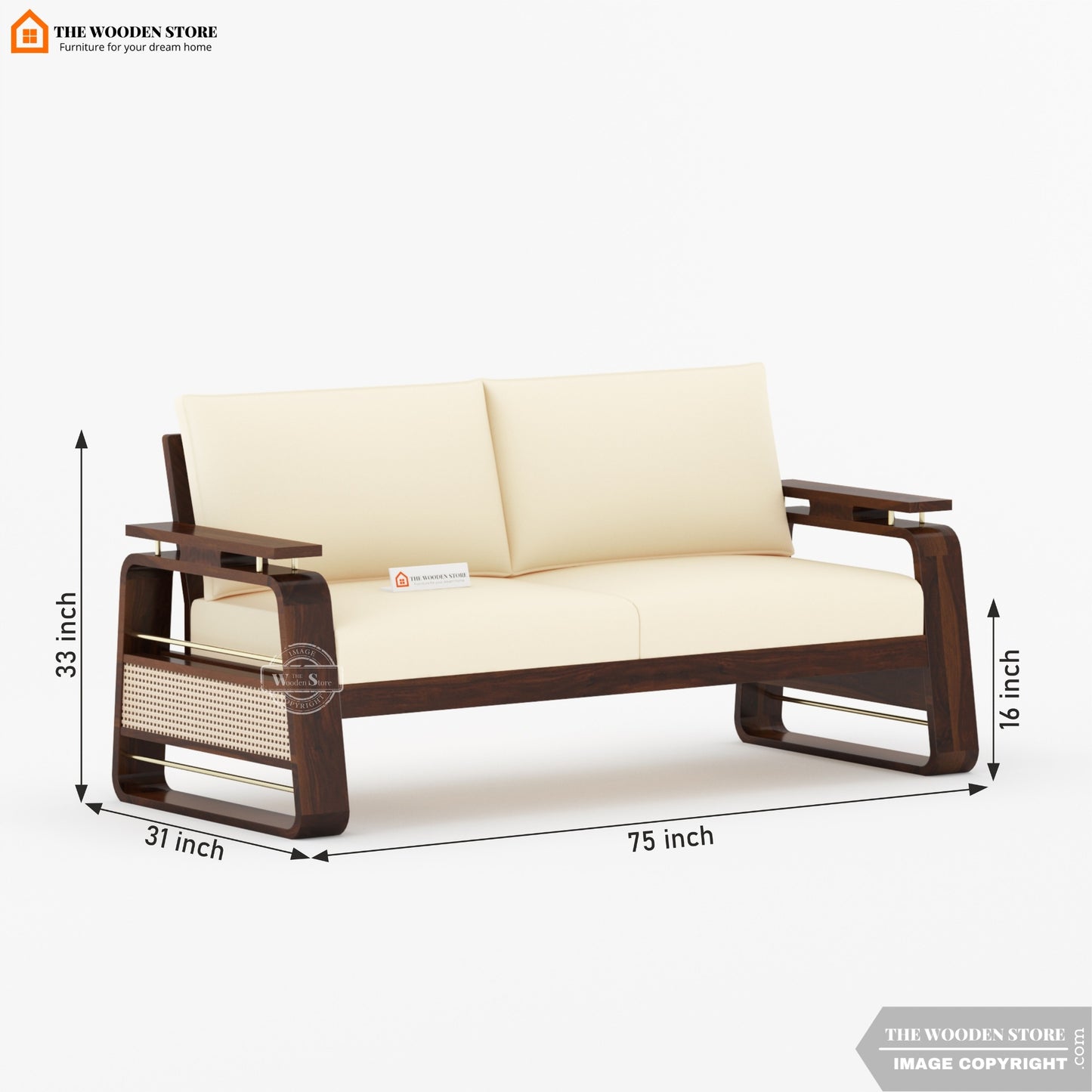 Urban 3+1+1 Wooden Sofa Set With Cane and Brass Detailing (Walnut Finish)
