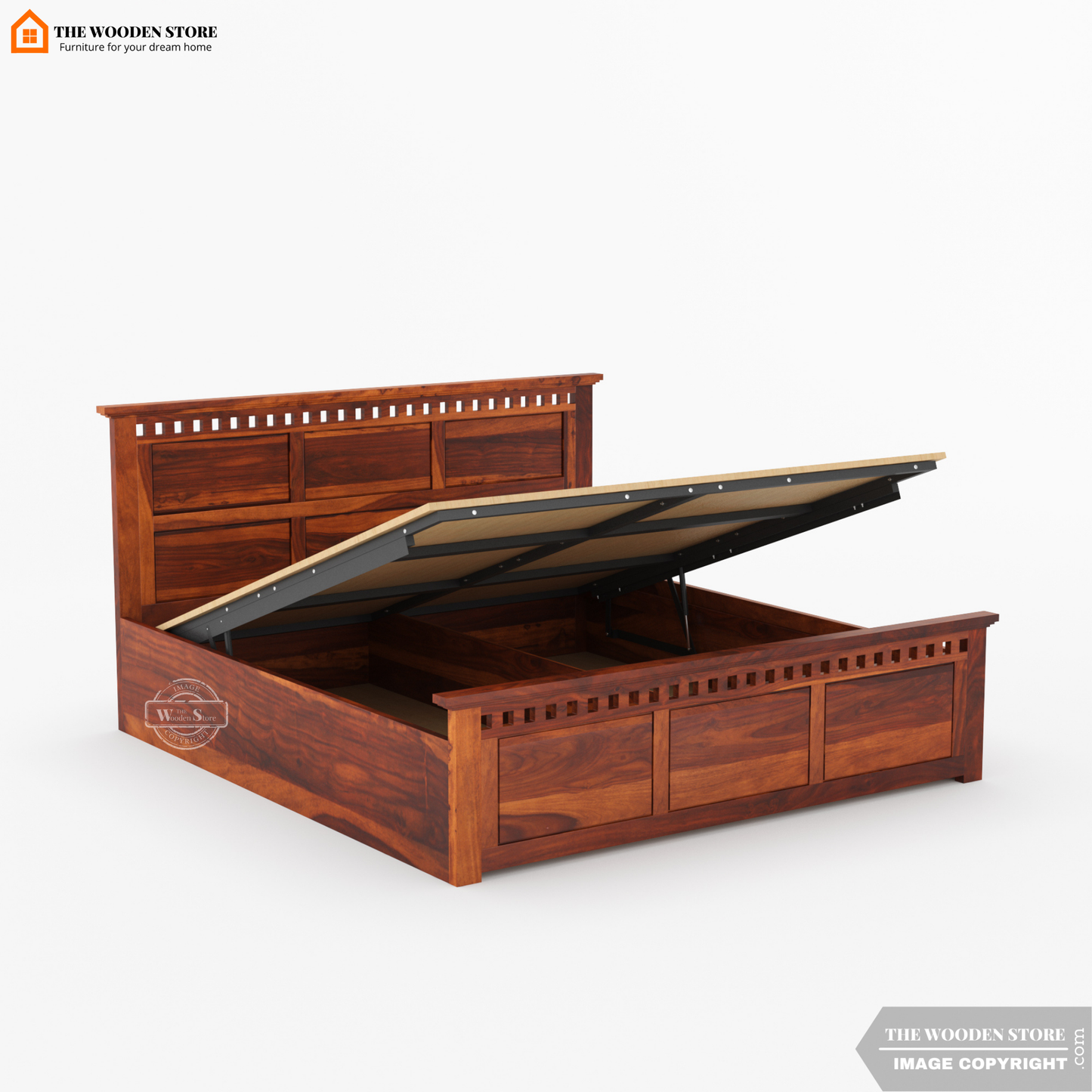 Donald Hydraulic Bed With Storage (Queen Size, Honey Finish)