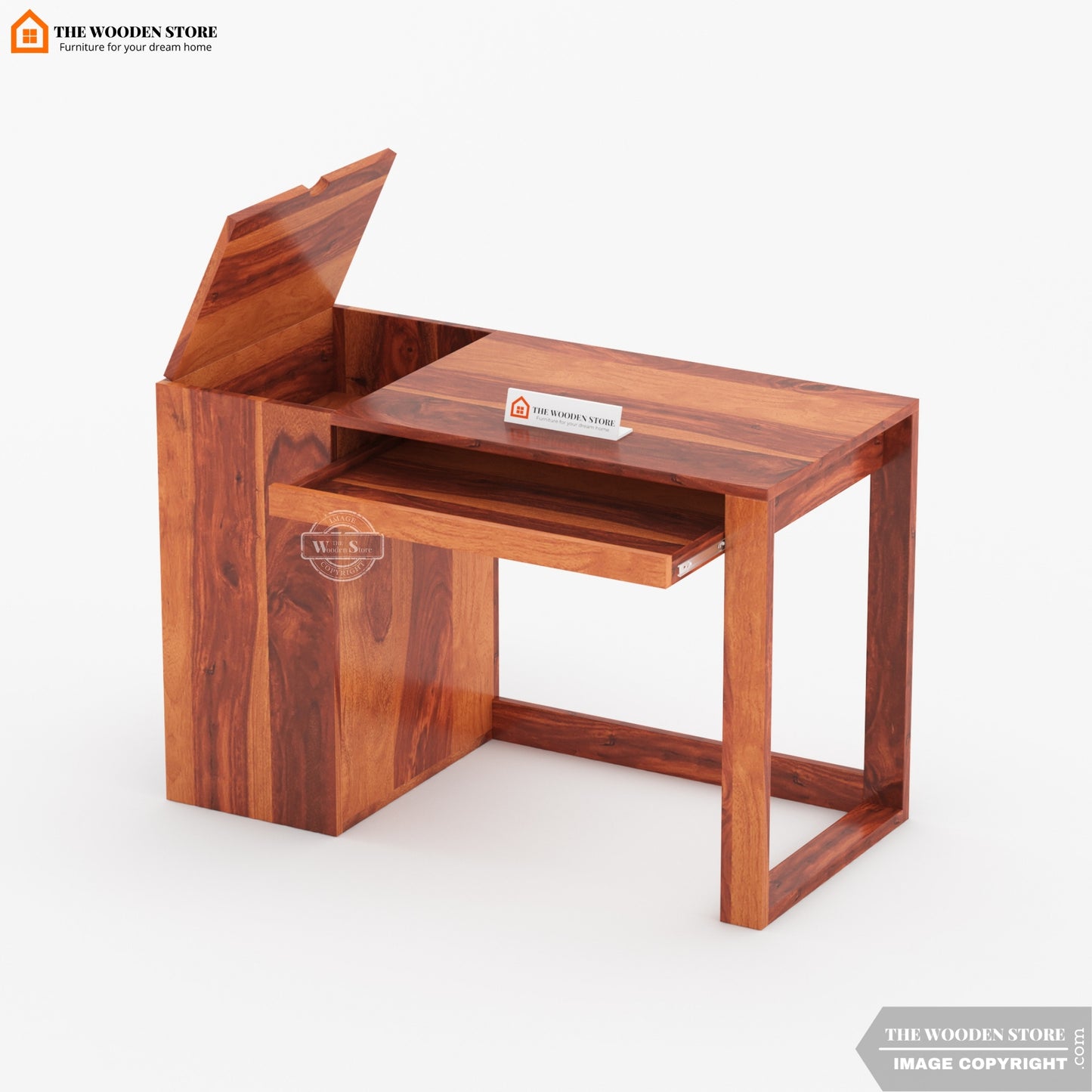 Akon Study Table with Keyboard Tray and Side Storage (Honey Finish)