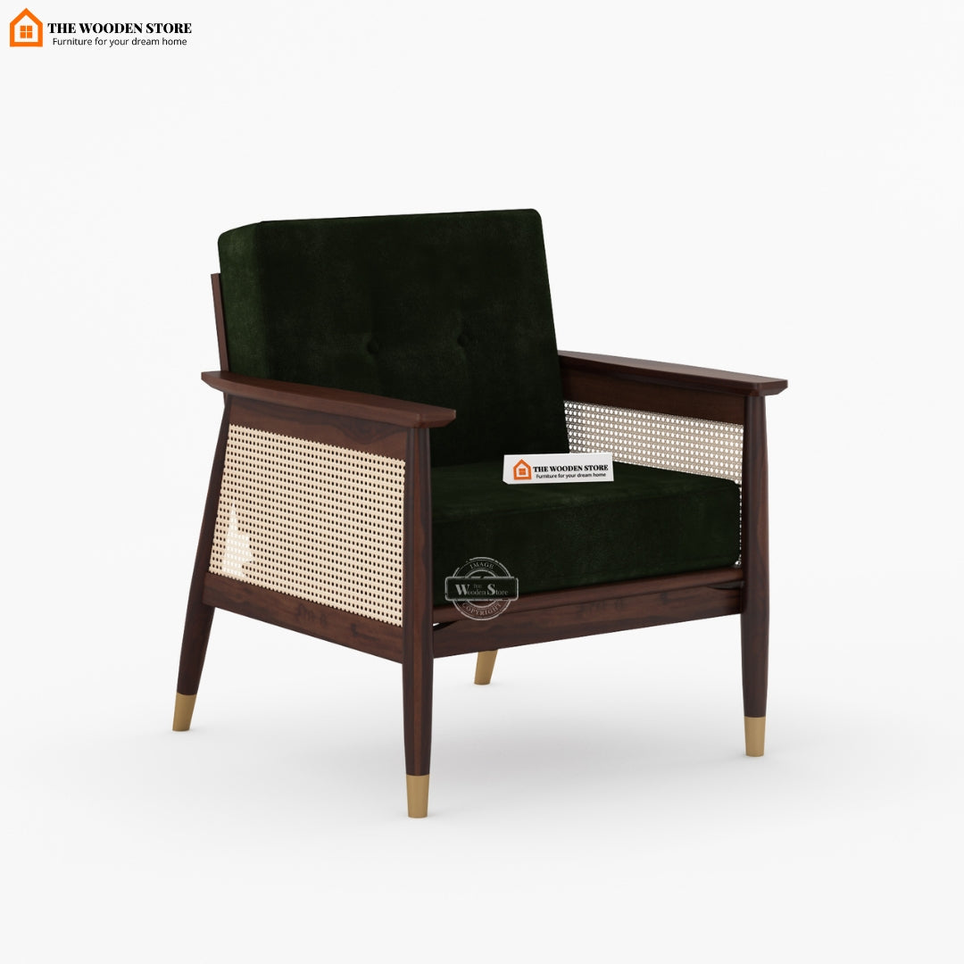 Eliath Cane Arm Chair (Olive Green, Walnut Finish)