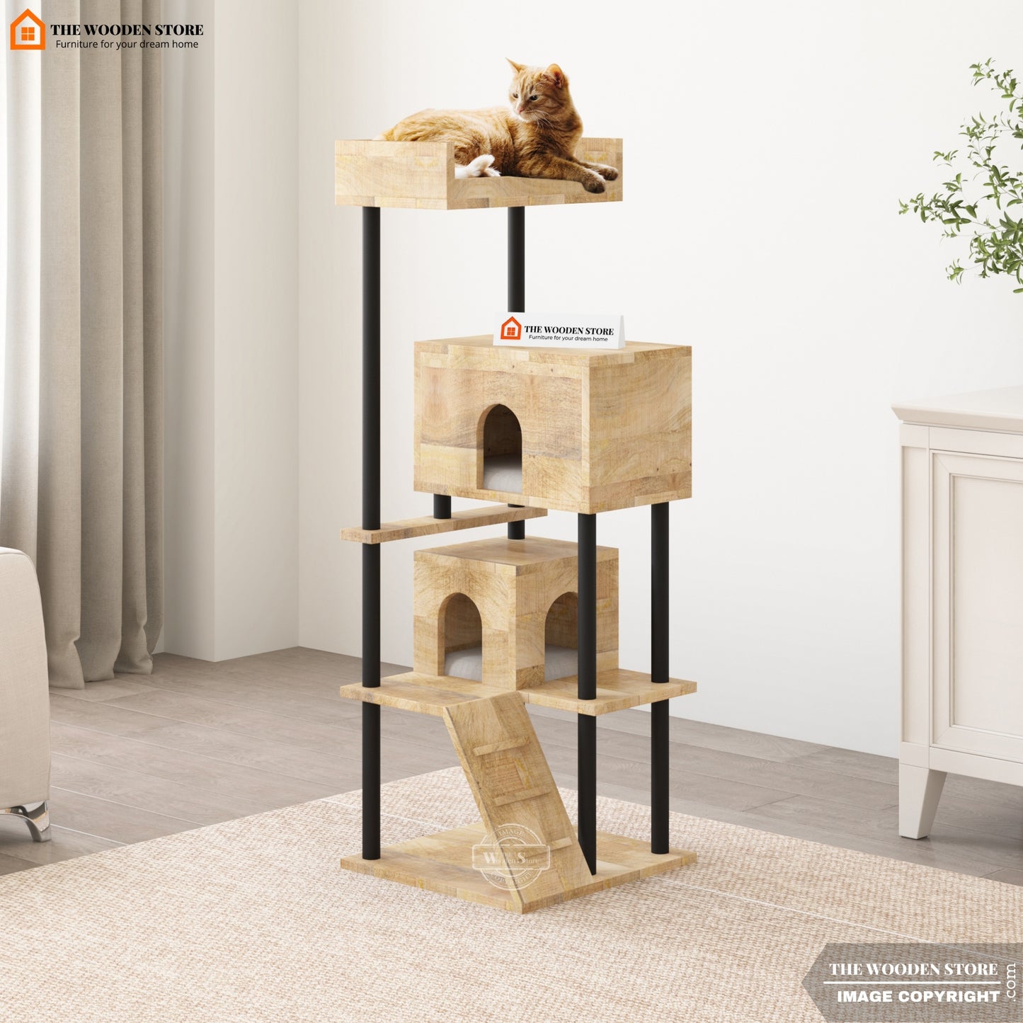 Lima Cat Tree Tower (Mango Wood, Natural Finish)