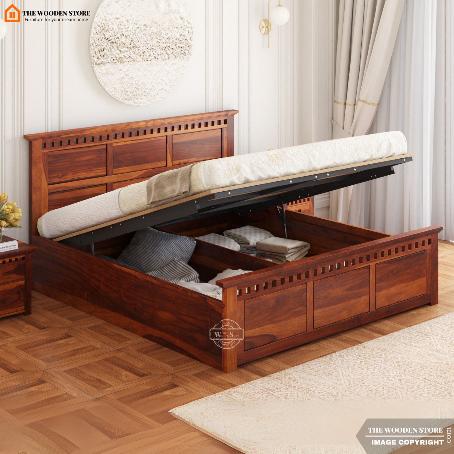 Donald Hydraulic Bed With Storage (Queen Size, Honey Finish)