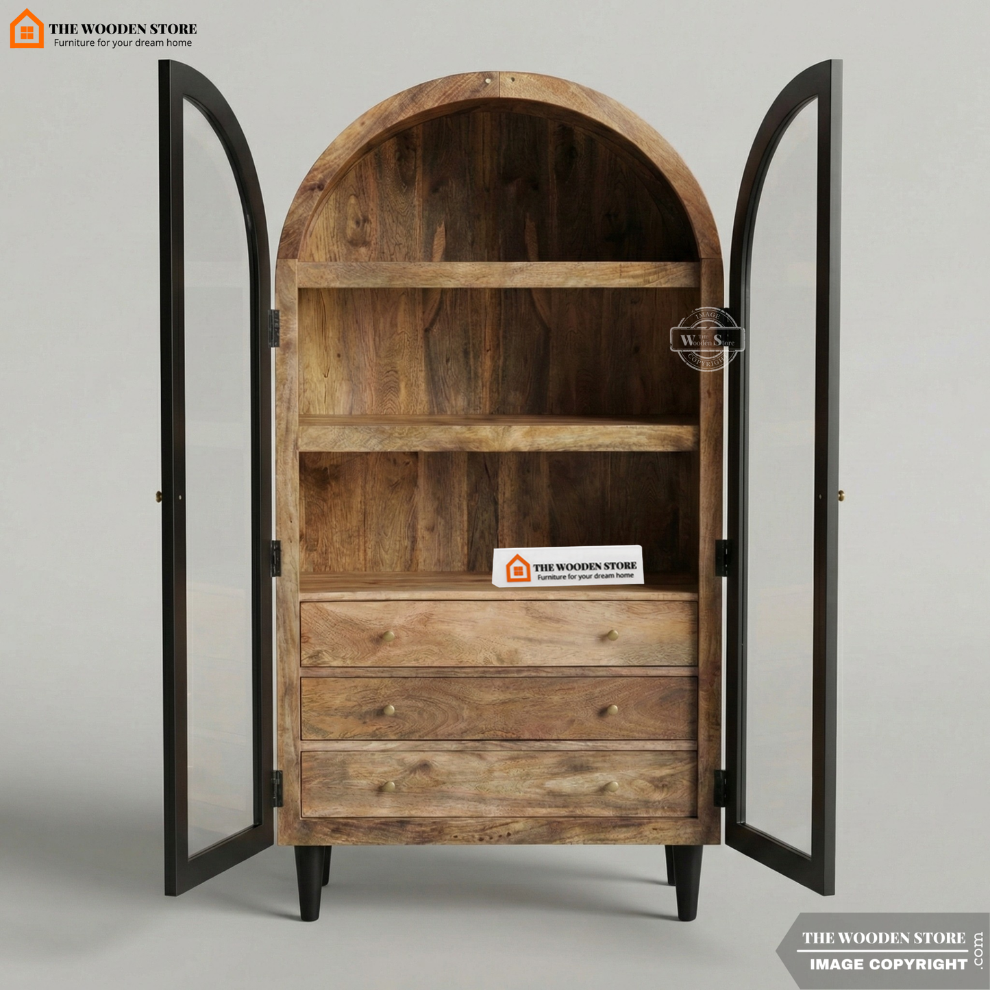 Arched Solid Mango Wood Cabinet With 3 Drawers (Black Finish)
