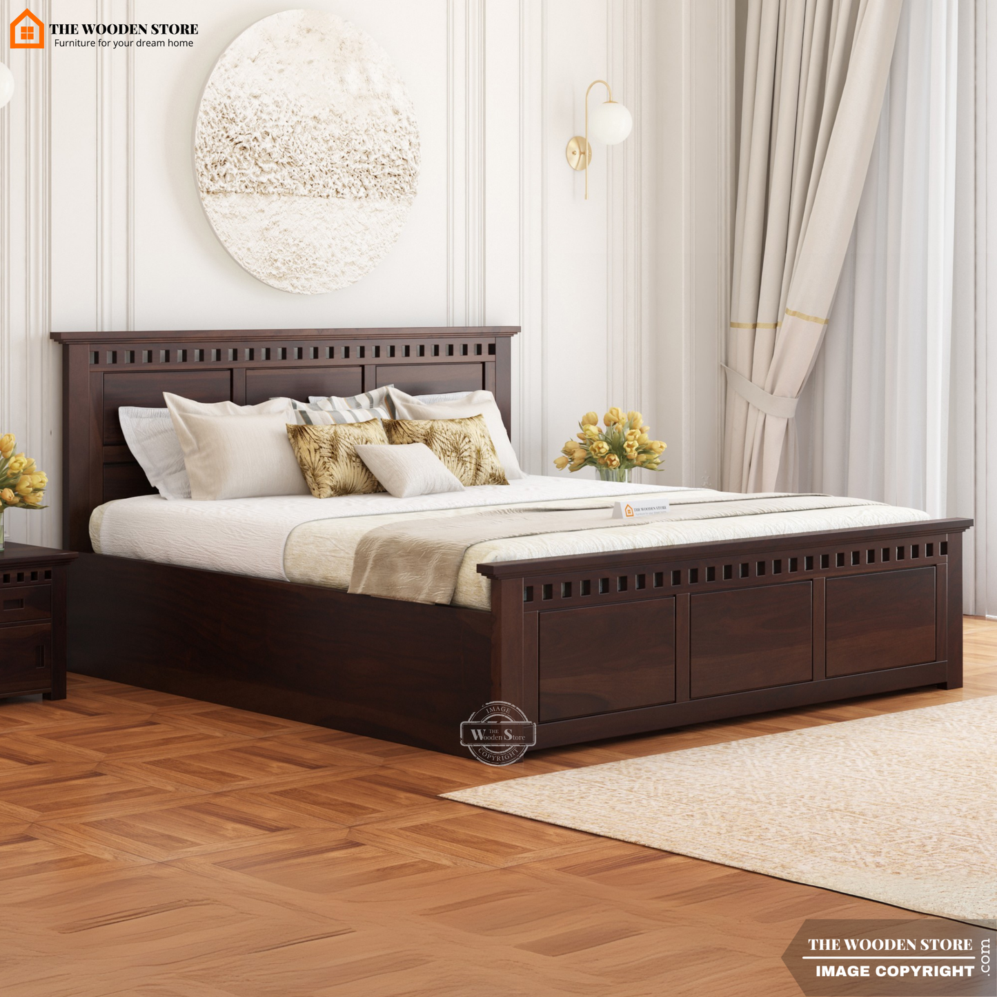 Donald Hydraulic Bed With Storage (King Size, Walnut Finish)