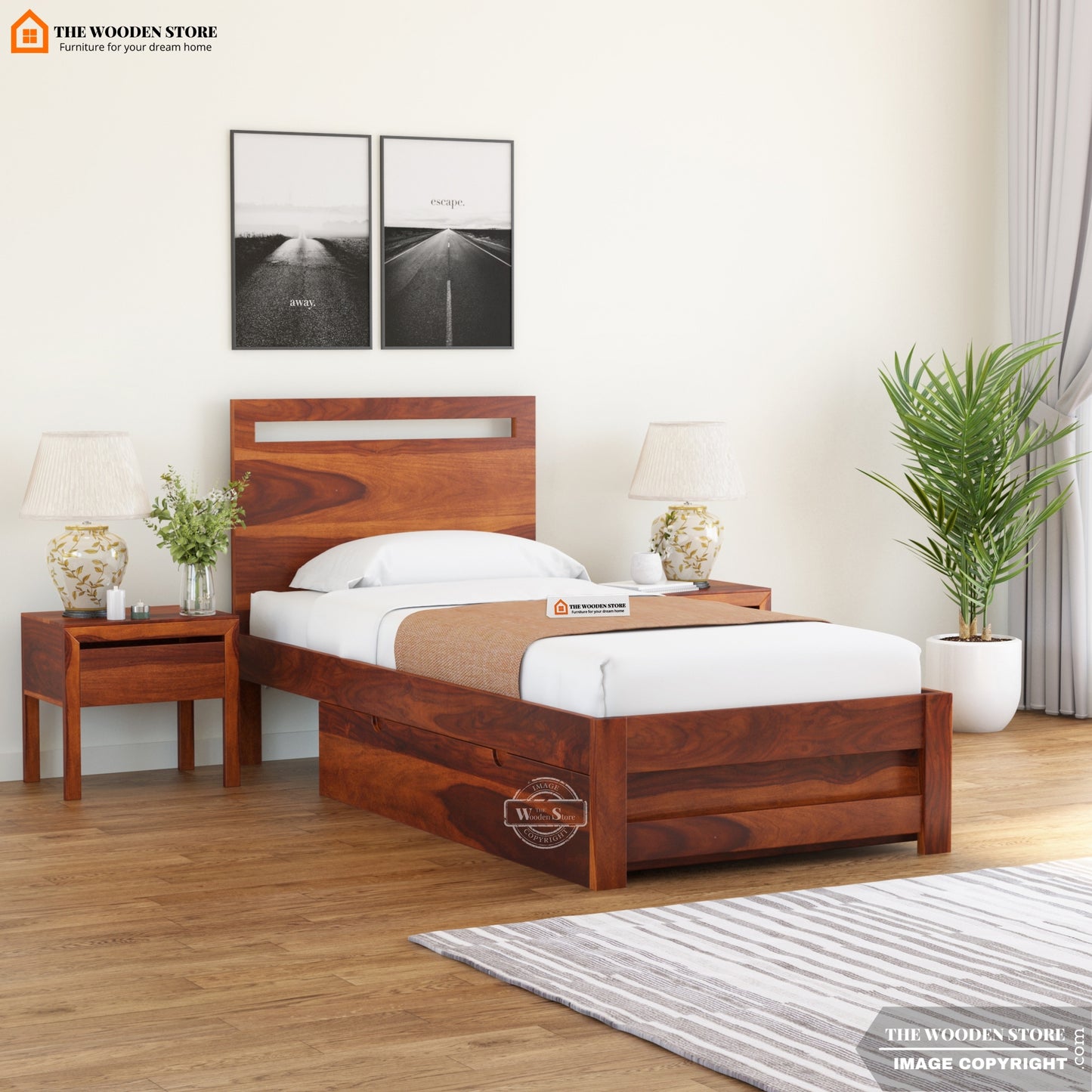Brodey Single Bed With Storage ( Honey Finish )