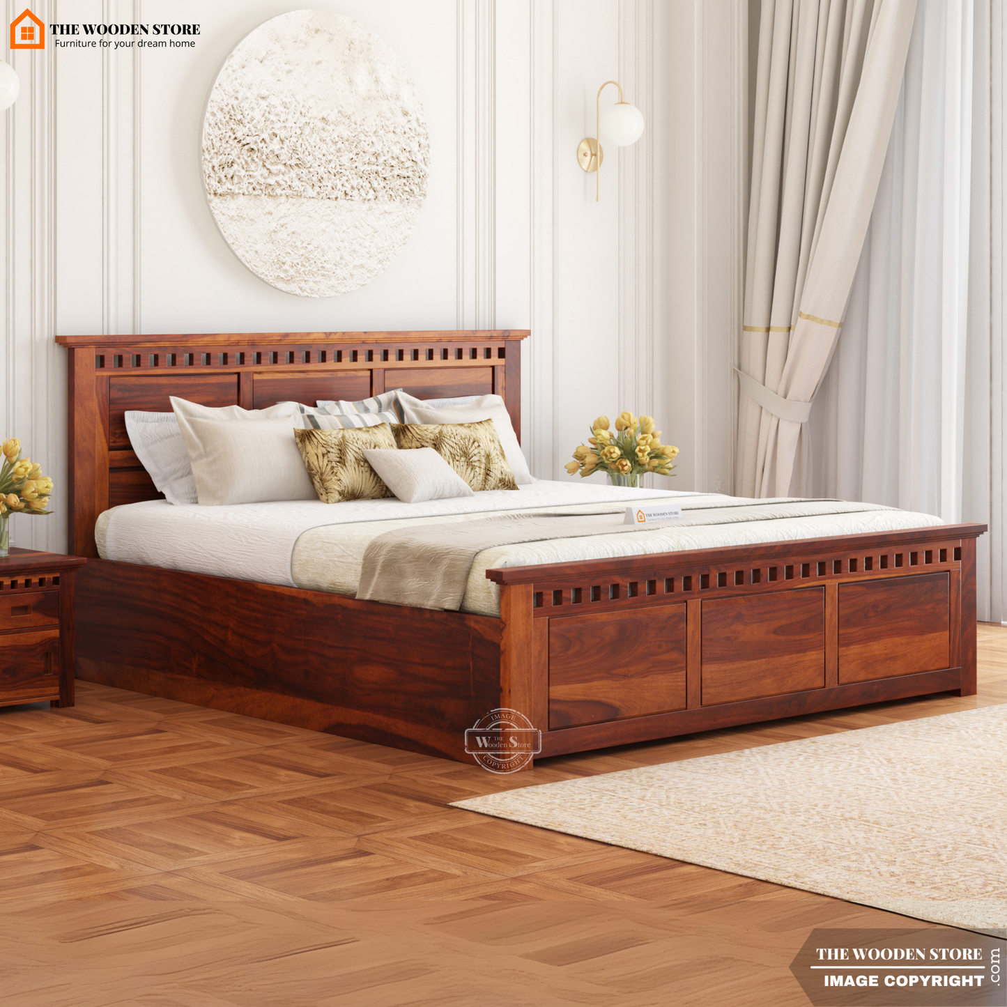 Donald Hydraulic Bed With Storage (Queen Size, Honey Finish)