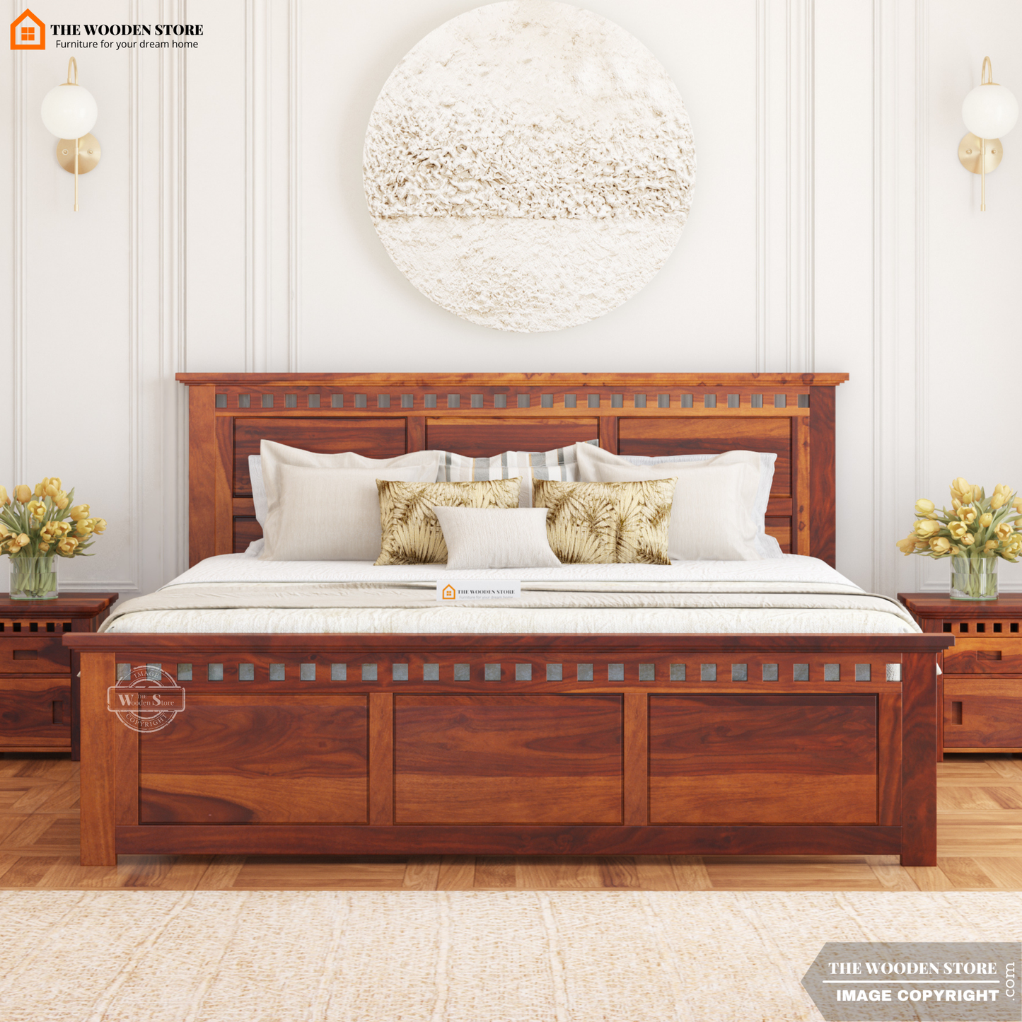 Donald Hydraulic Bed With Storage (Queen Size, Honey Finish)