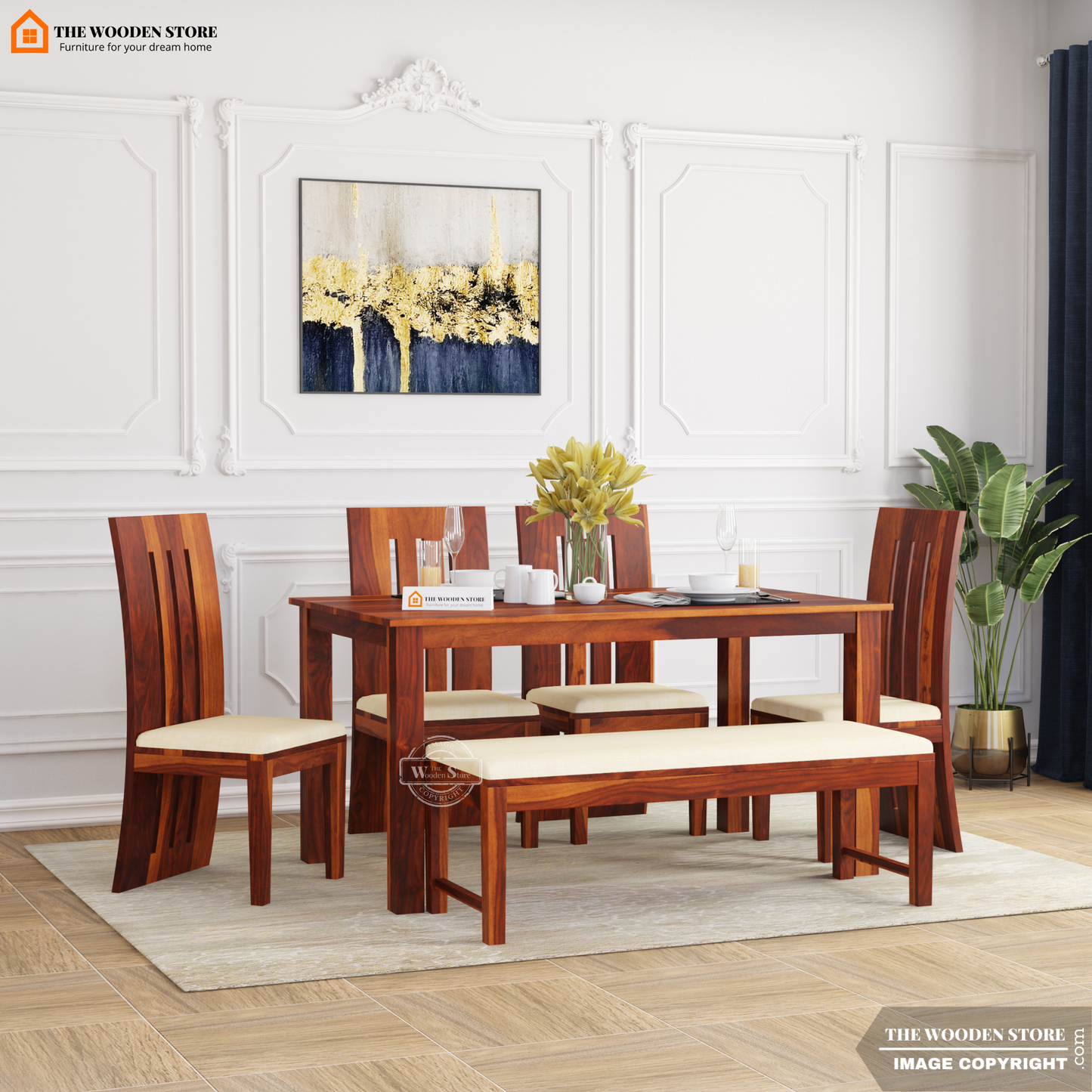 Tobey 6 Seater Dining Set With Bench (Honey Finish)