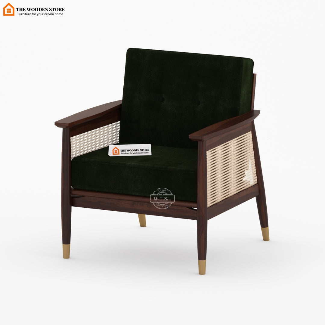 Eliath Cane Arm Chair (Olive Green, Walnut Finish)