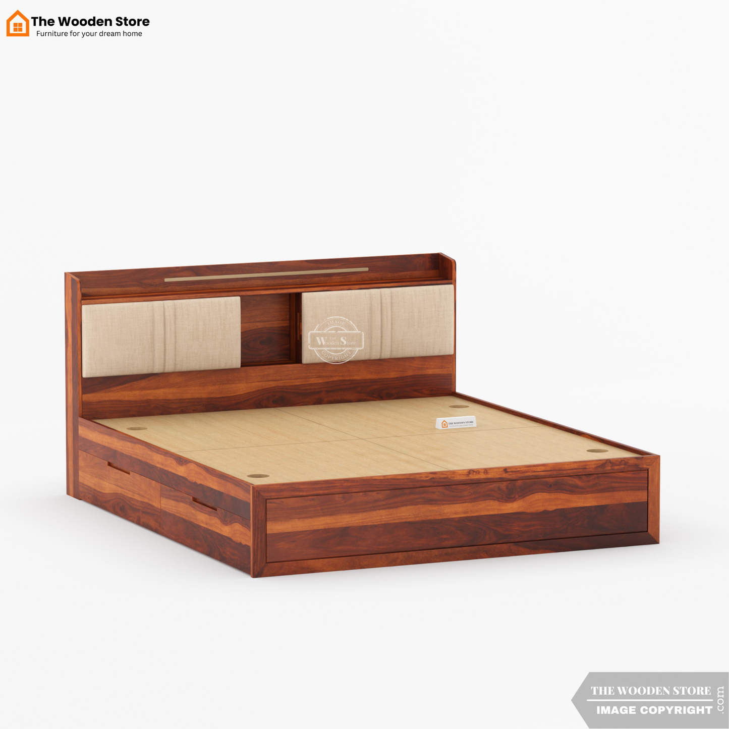 Jensen Upholstered Bed with Drawer Storage (King Size, Honey Finish)