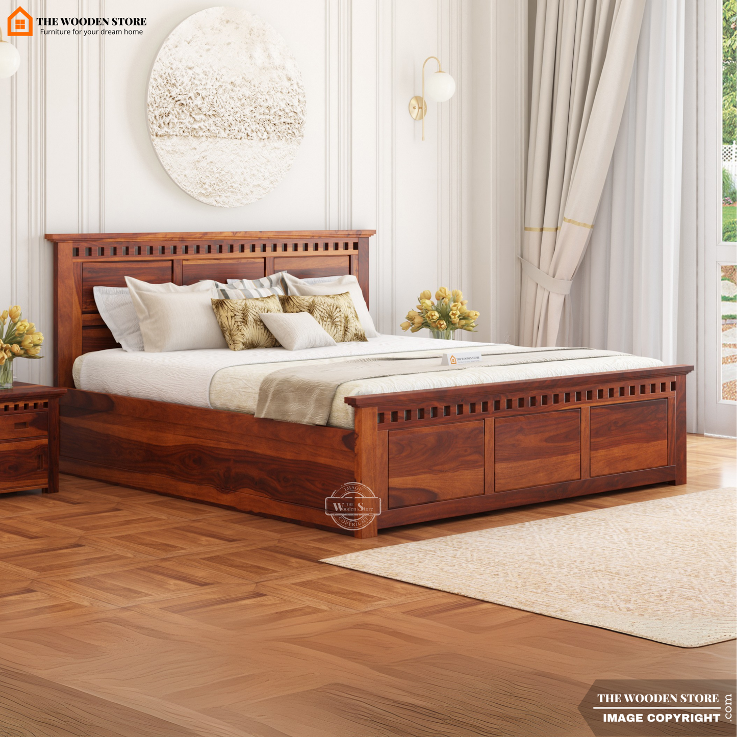 Donald Bed With Box Storage (Queen Size, Honey Finish)