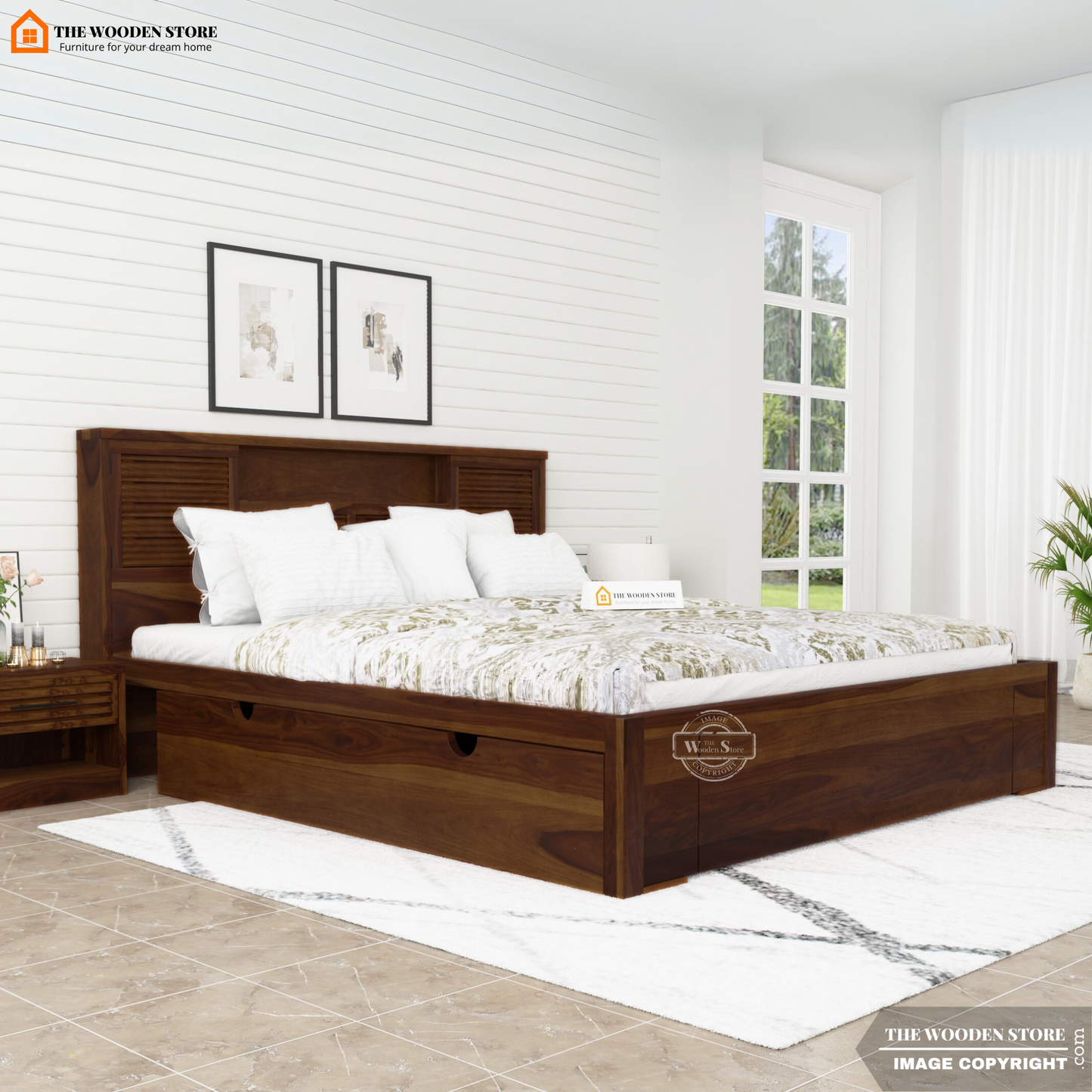 Franklin Bed with Drawer Storage (Queen Size, Walnut Finish)