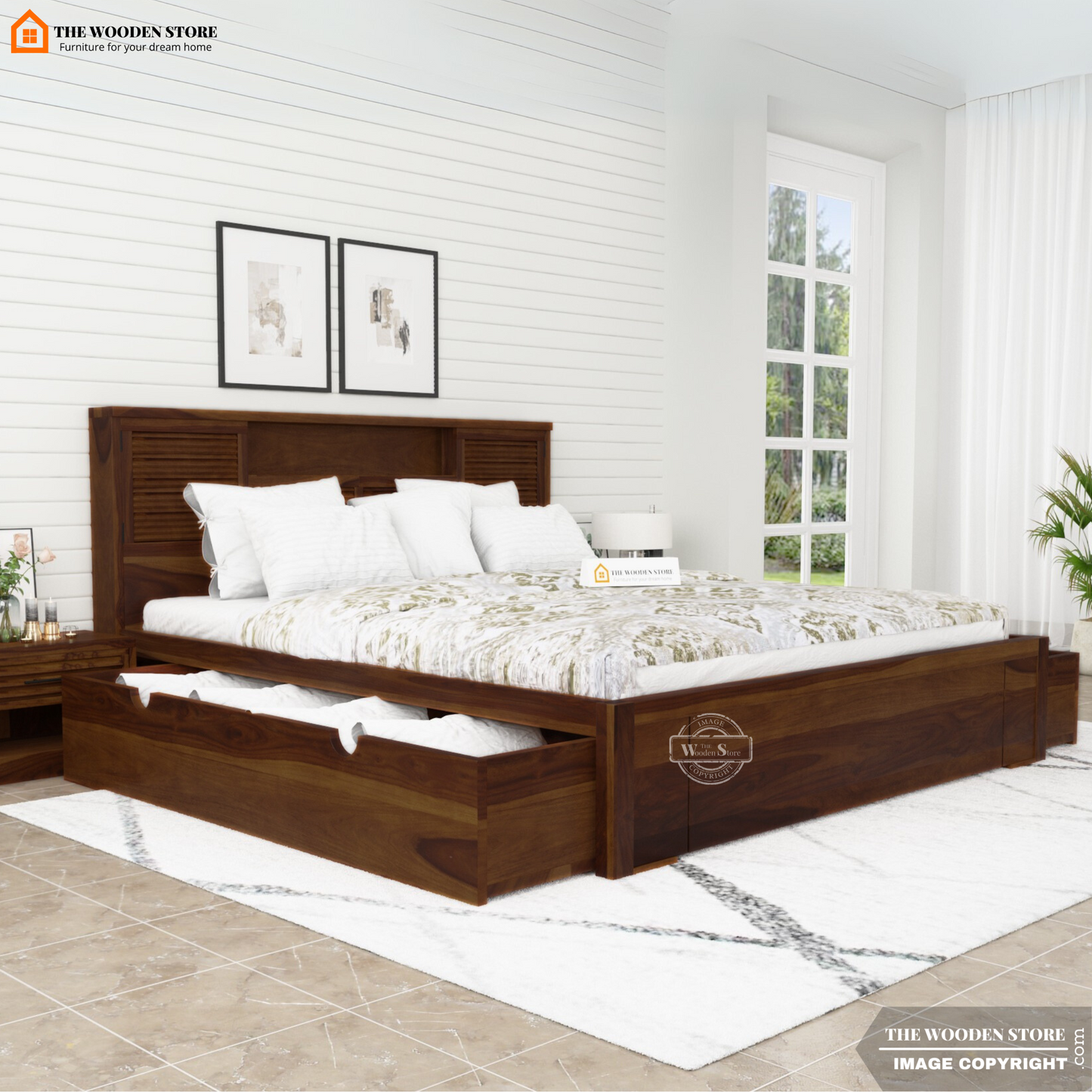 Franklin Bed with Drawer Storage (Queen Size, Walnut Finish)
