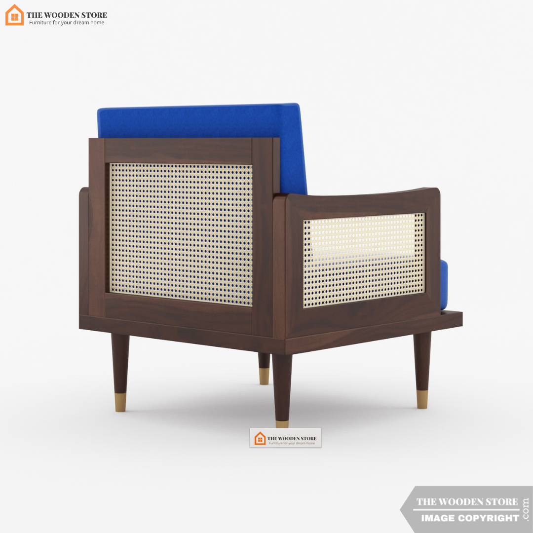 Eric Cane Arm Chair (Marine Blue, Walnut Finish)