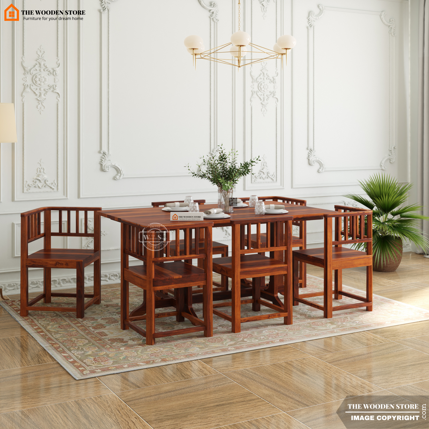 Carson 6 Seater Dining Table Set (Honey Finish)