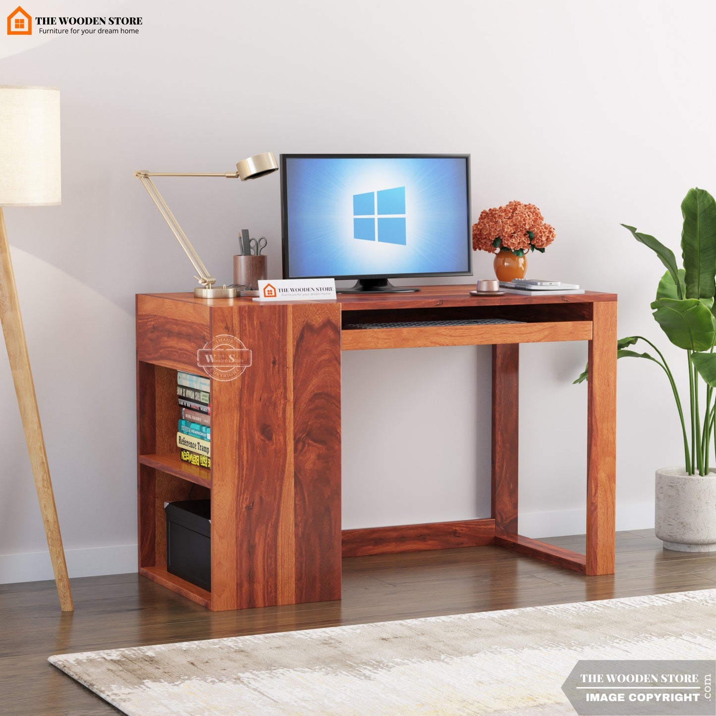 Akon Study Table with Keyboard Tray and Side Storage (Honey Finish)