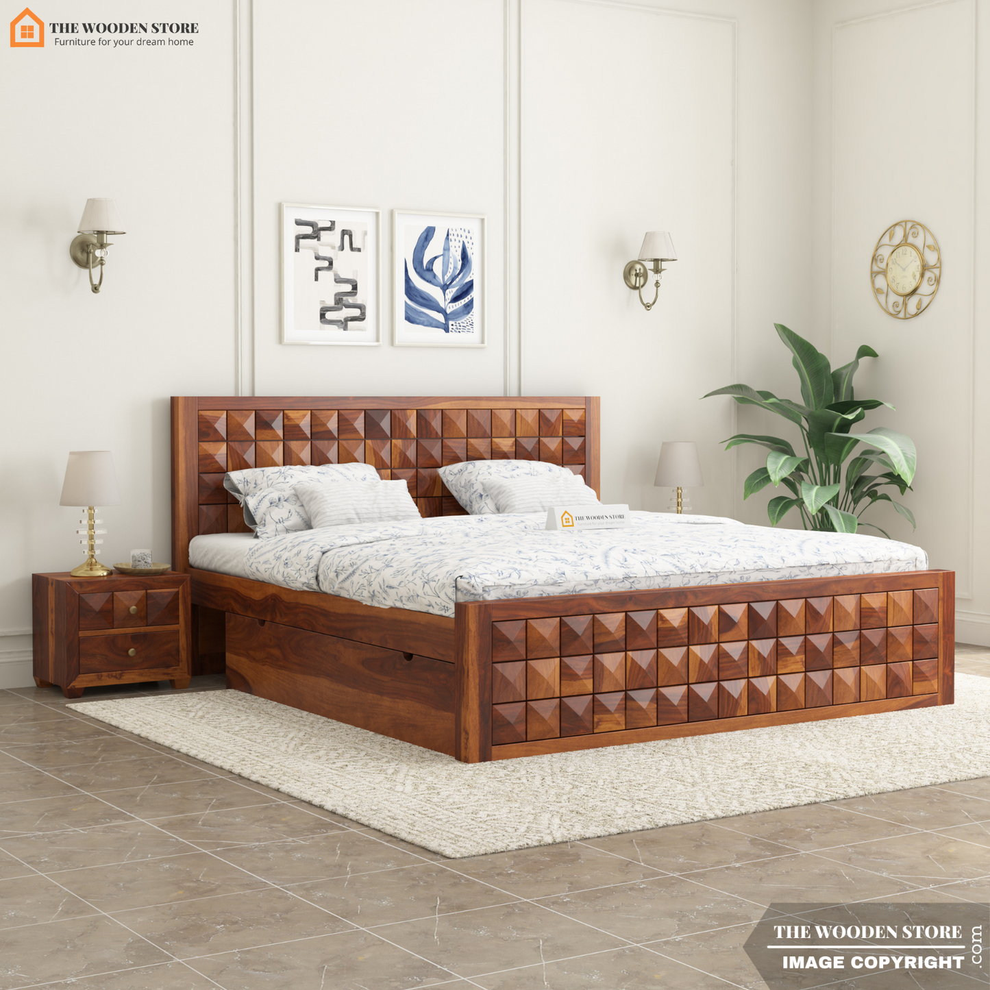 Morris Bed with Drawer Storage (King Size, Honey Finish)