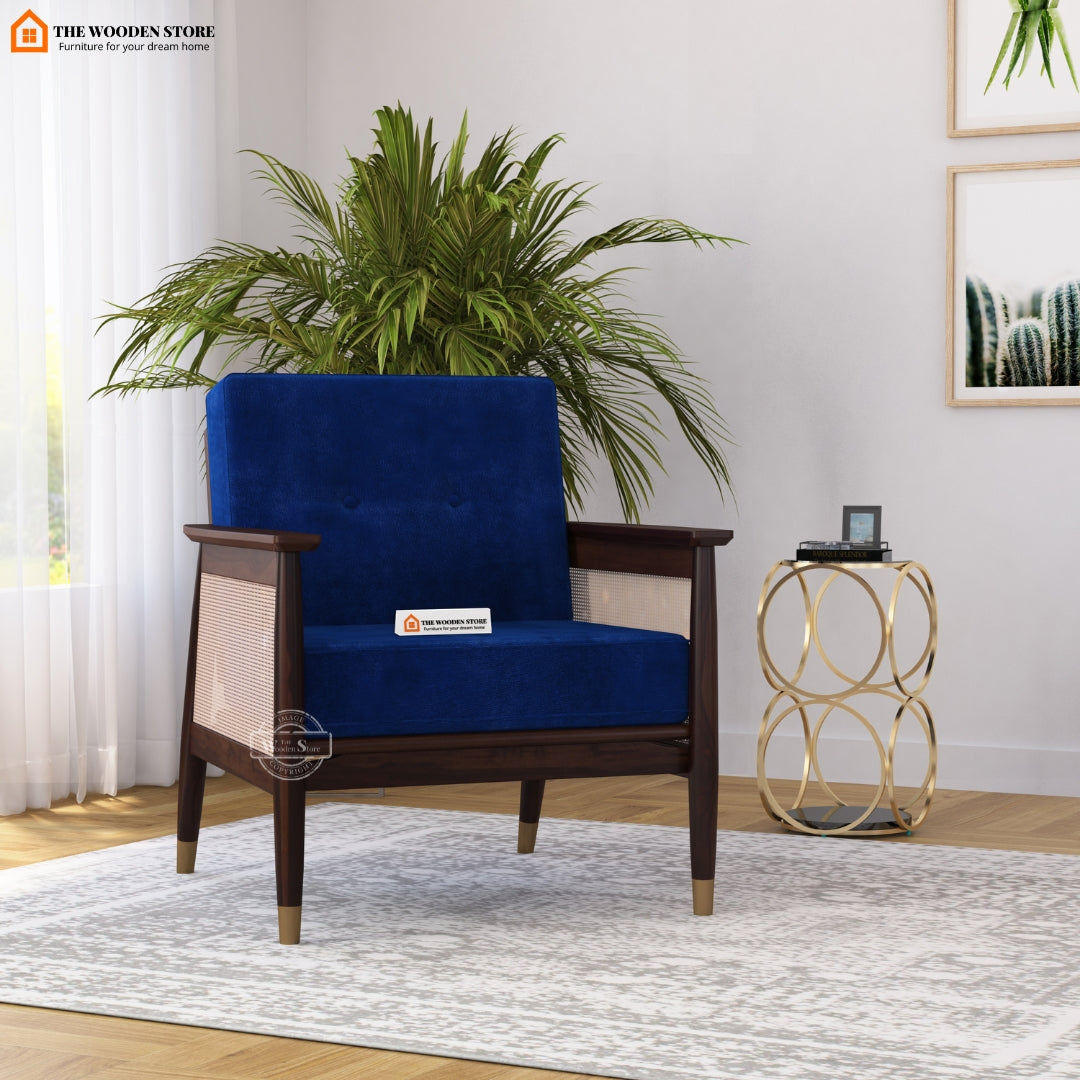 Eliath Cane Arm Chair (Marine Blue, Walnut Finish)