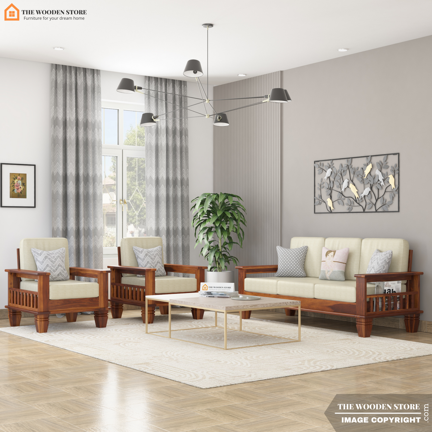 Charlie 3+1+1 Wooden Sofa Set (Honey Finish)
