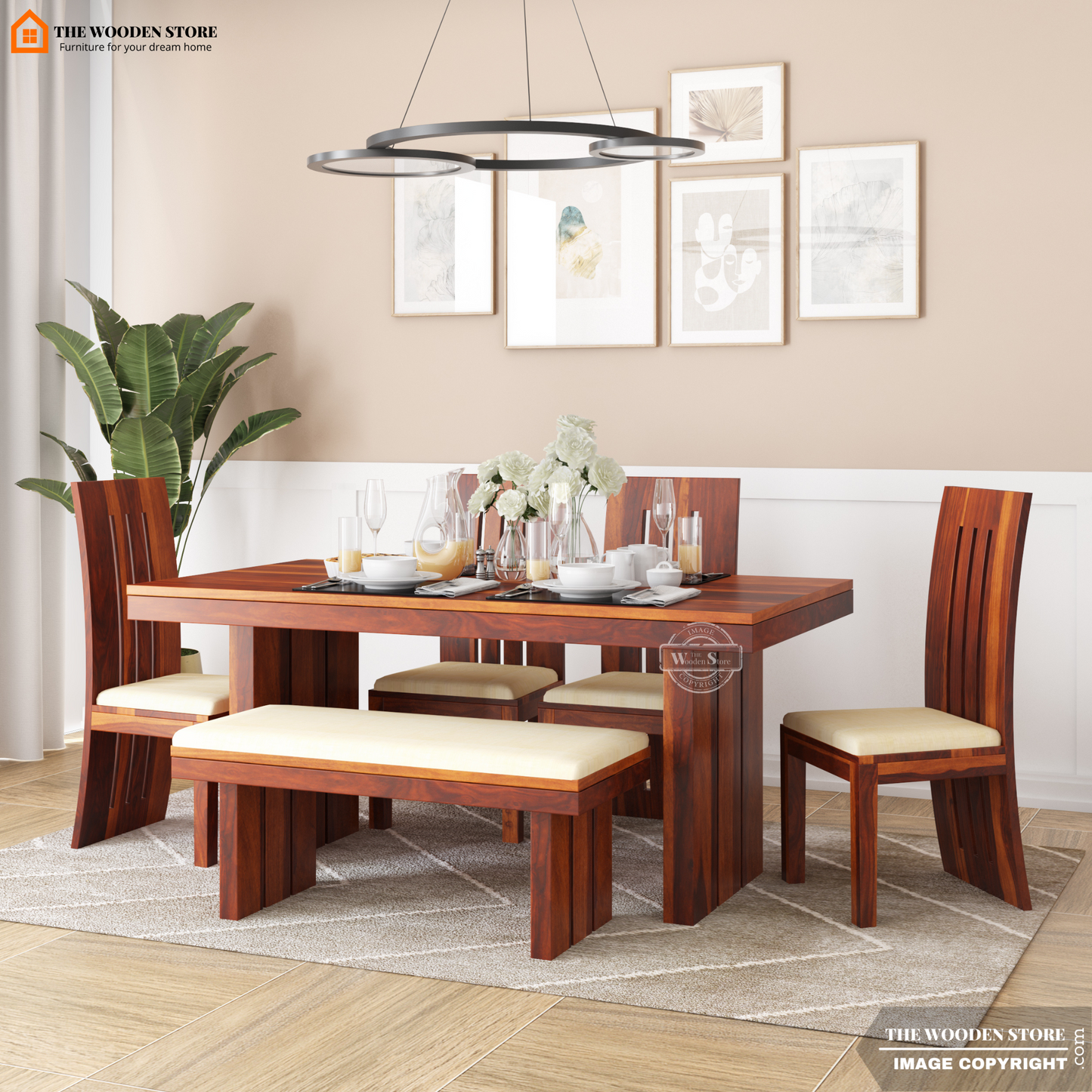Tom 6 Seater Dining Set With Bench (Honey Finish)