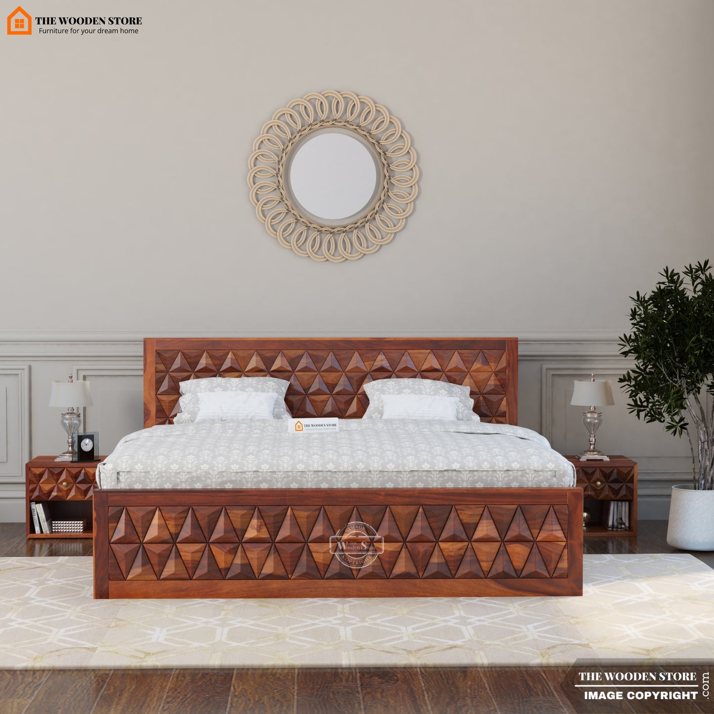 Trihex Bed with Drawer Storage (King Size, Honey Finish)