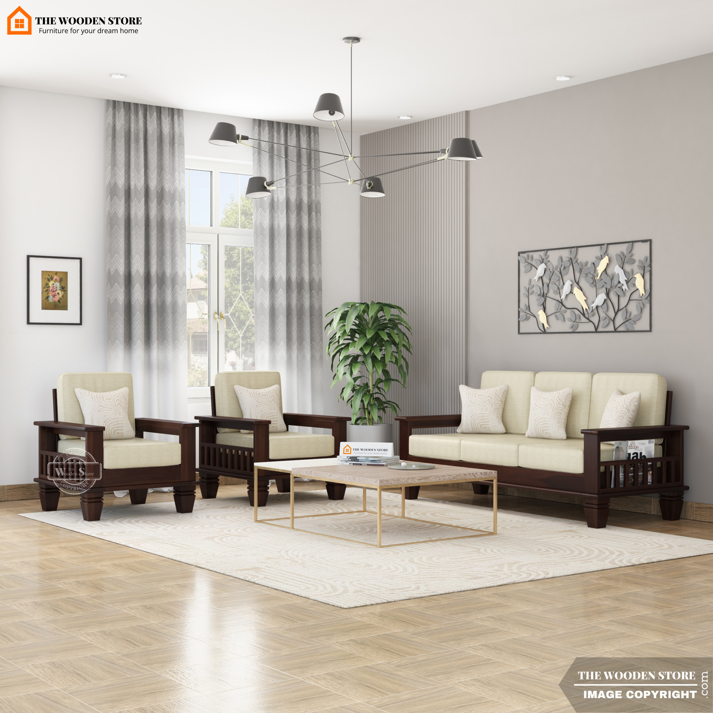 Charlie 3+1+1 Wooden Sofa Set (Walnut Finish)