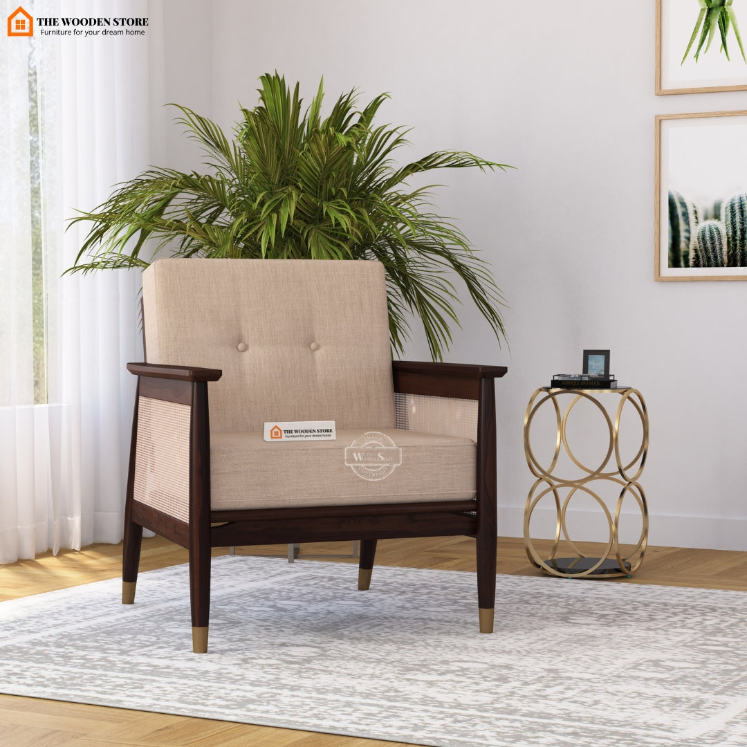 Eliath Cane Arm Chair (Soft Vanilla, Walnut Finish)