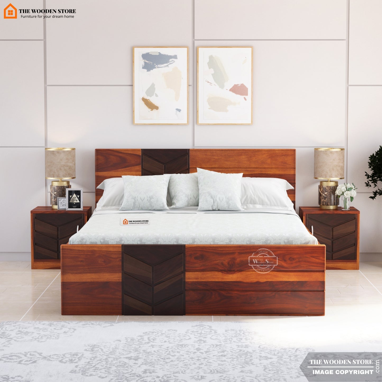 Travie Bed with Drawer Storage (Queen Size, Honey Finish)