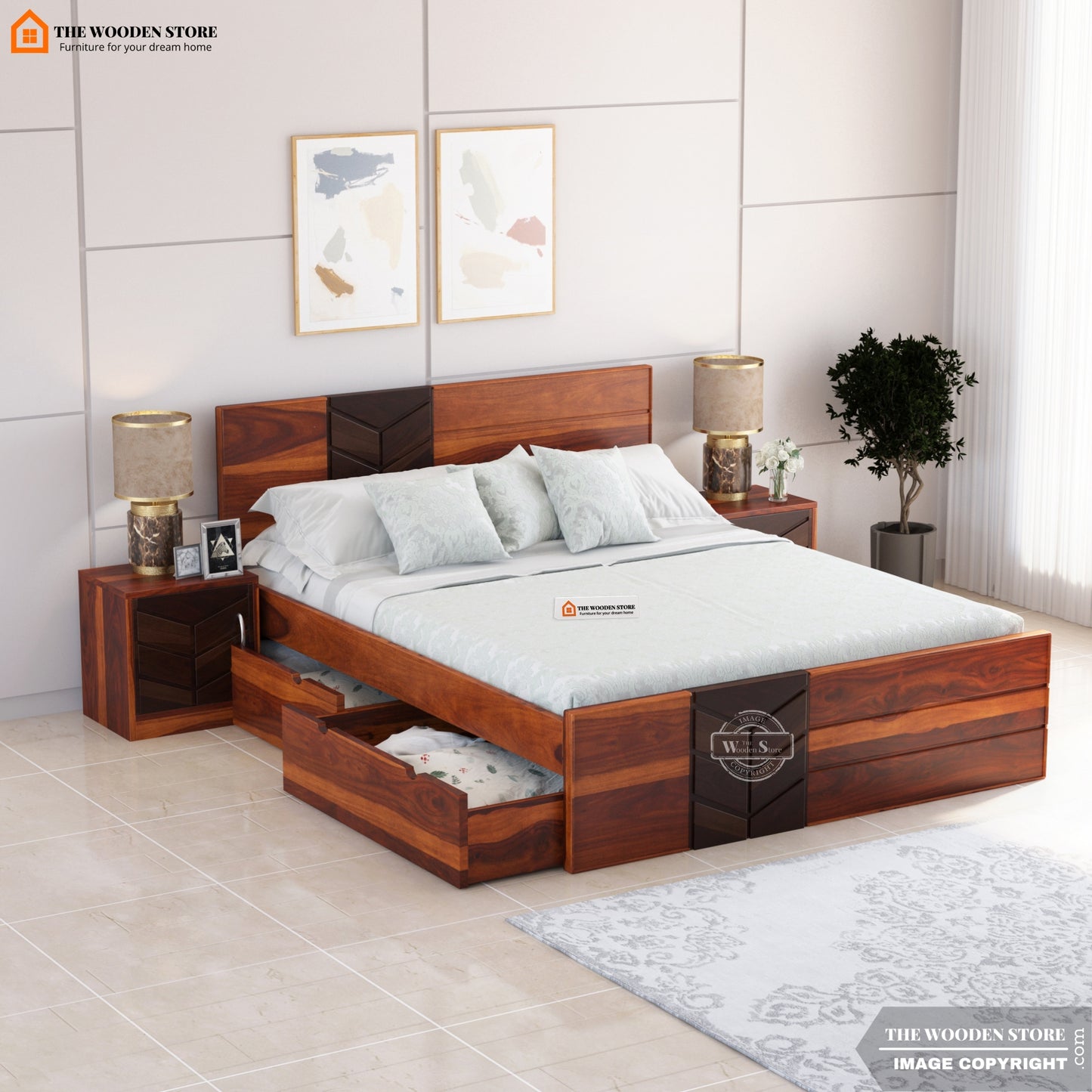 Travie Bed with Drawer Storage (Queen Size, Honey Finish)