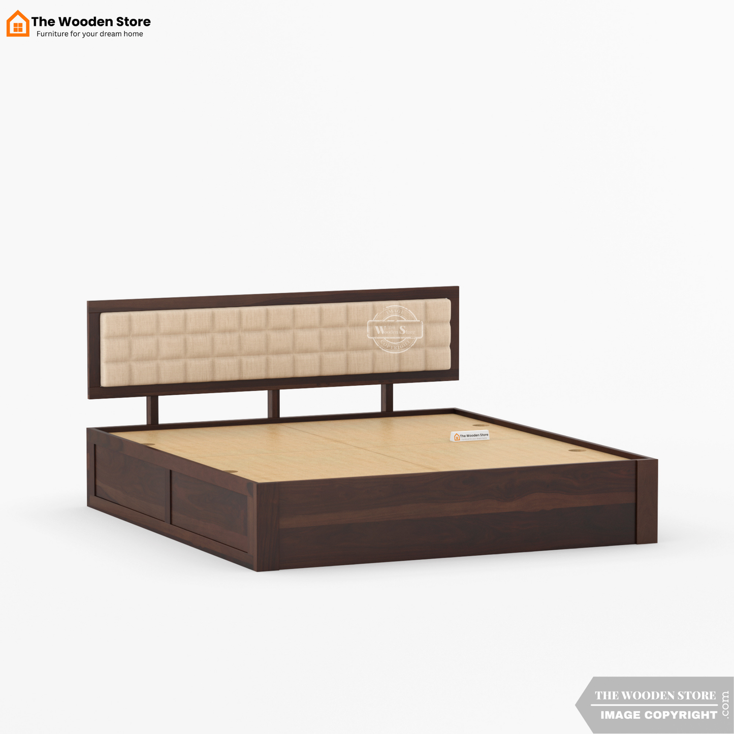 Halis Upholstered Bed With Box Storage (Queen Size, Walnut Finish)