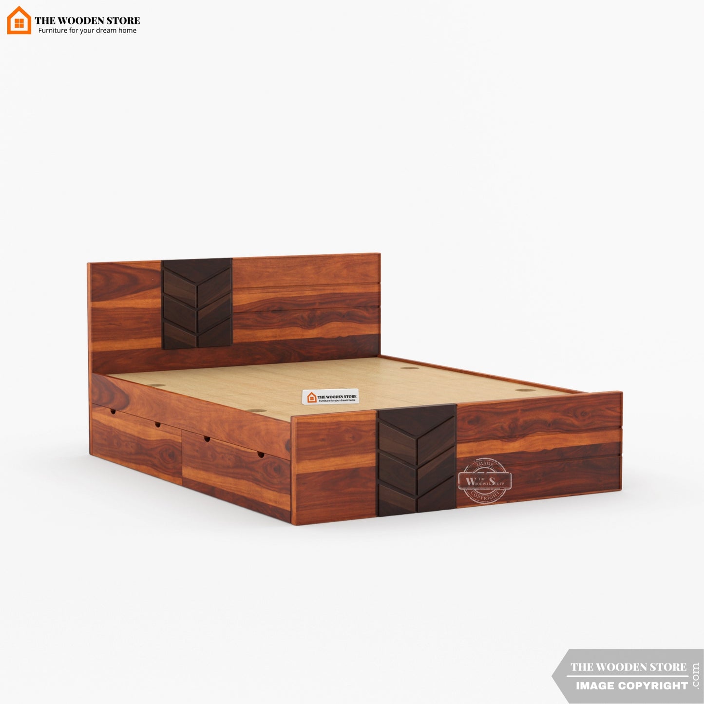 Travie Bed with Drawer Storage (Queen Size, Honey Finish)