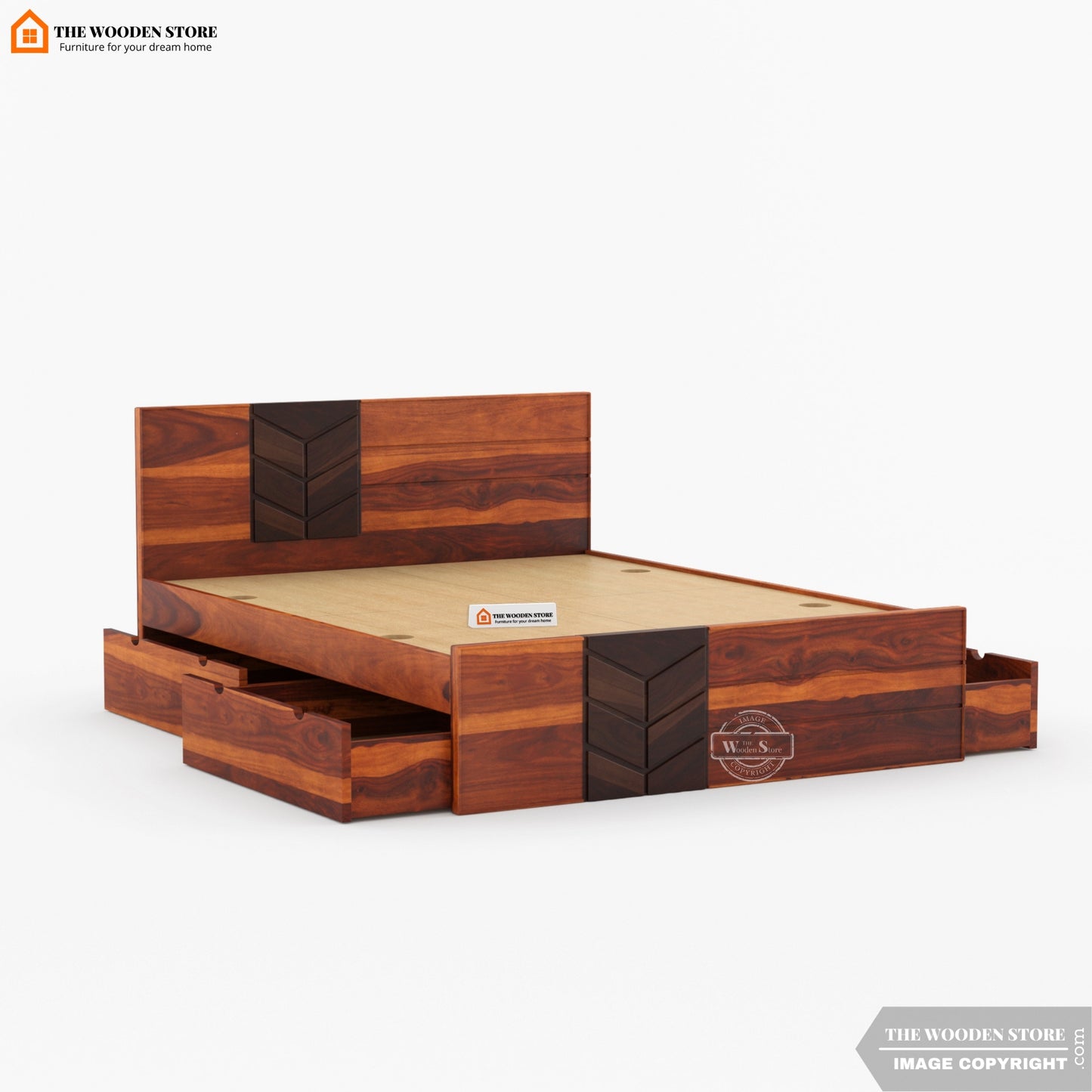 Travie Bed with Drawer Storage (Queen Size, Honey Finish)