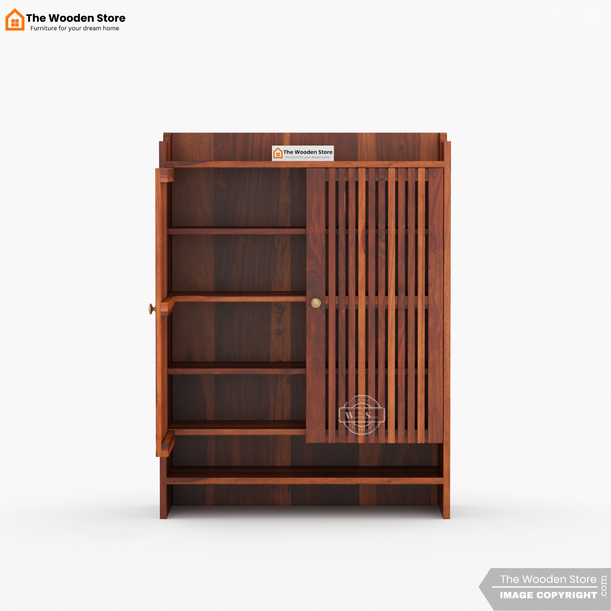 Besta Solid Wood Shoe Cabinet with Slatted Doors & Open Shelf (Honey Finish)