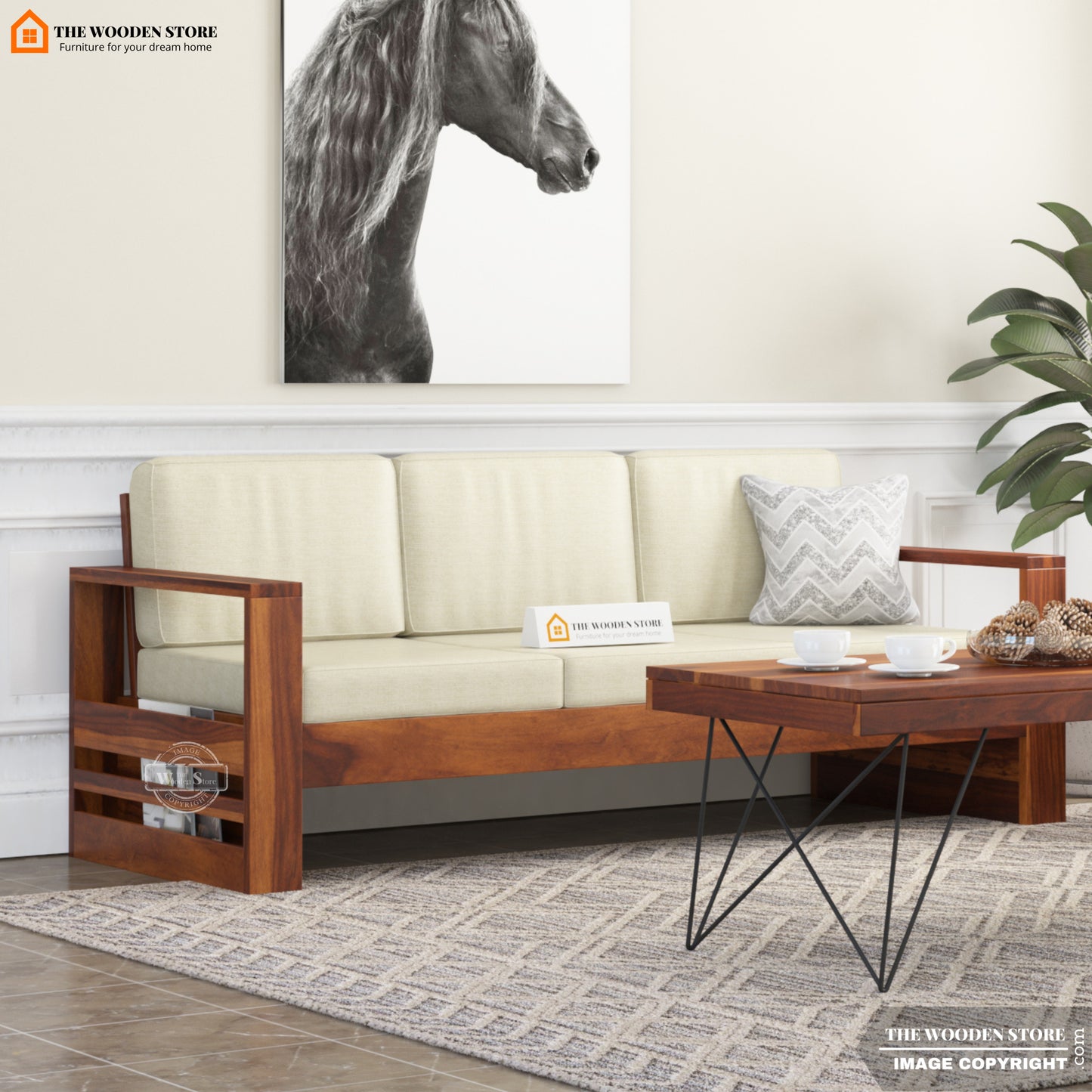 Victor 3 Seater Wooden Sofa (Honey Finish)