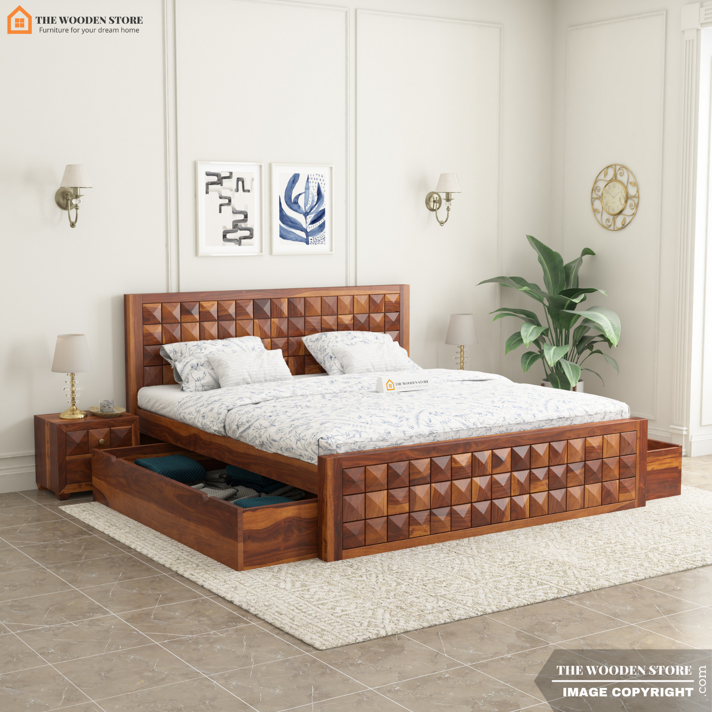 Morris Bed with Drawer Storage (King Size, Honey Finish)