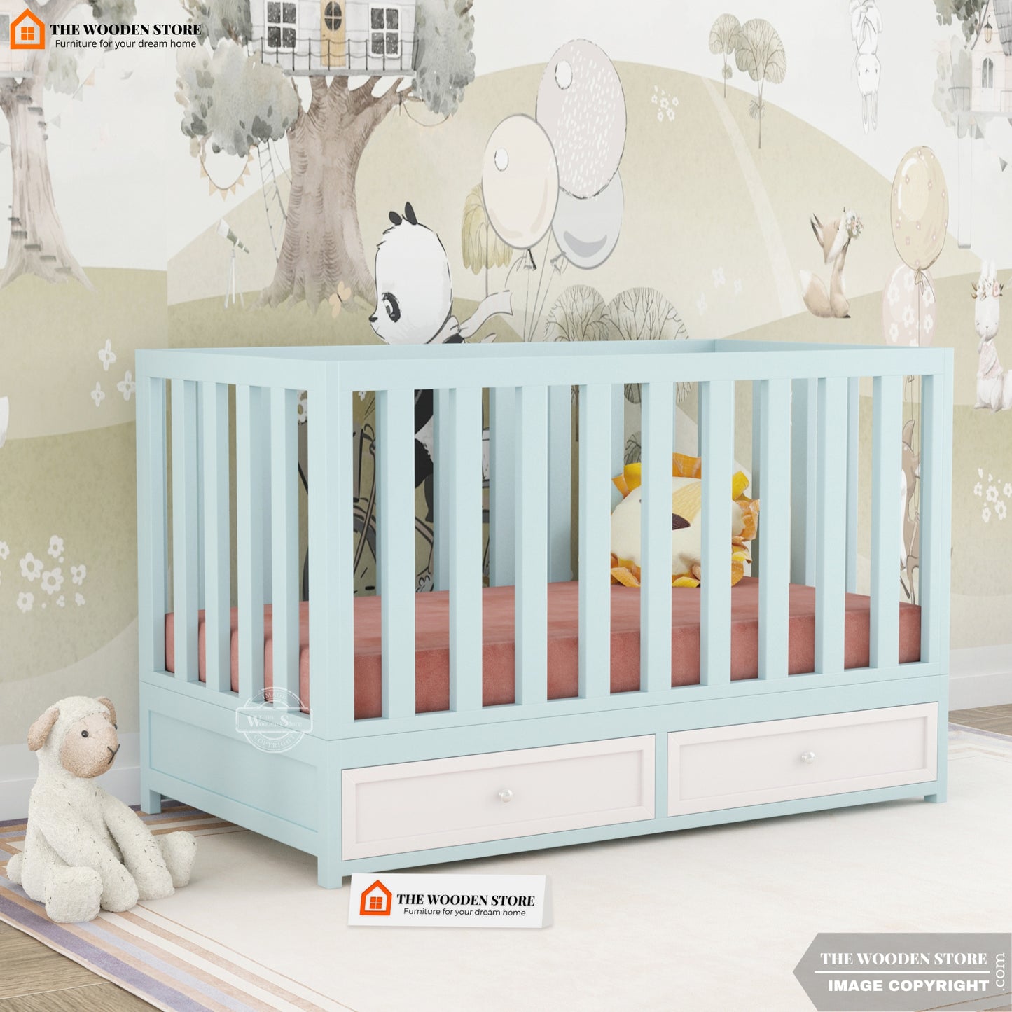 Nursery Baby Crib With Storage Drawer (Blue)