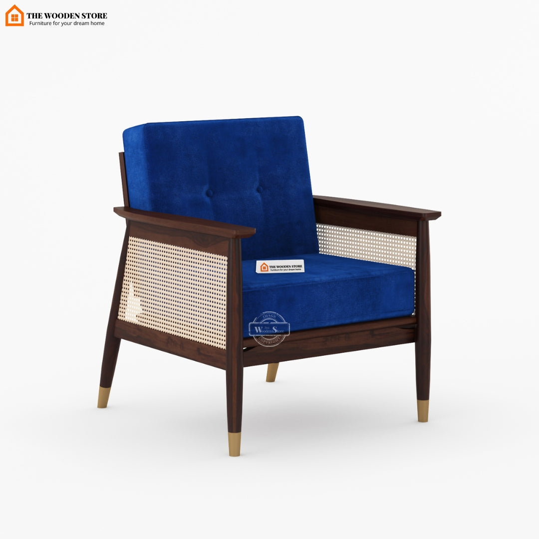 Eliath Cane Arm Chair (Marine Blue, Walnut Finish)