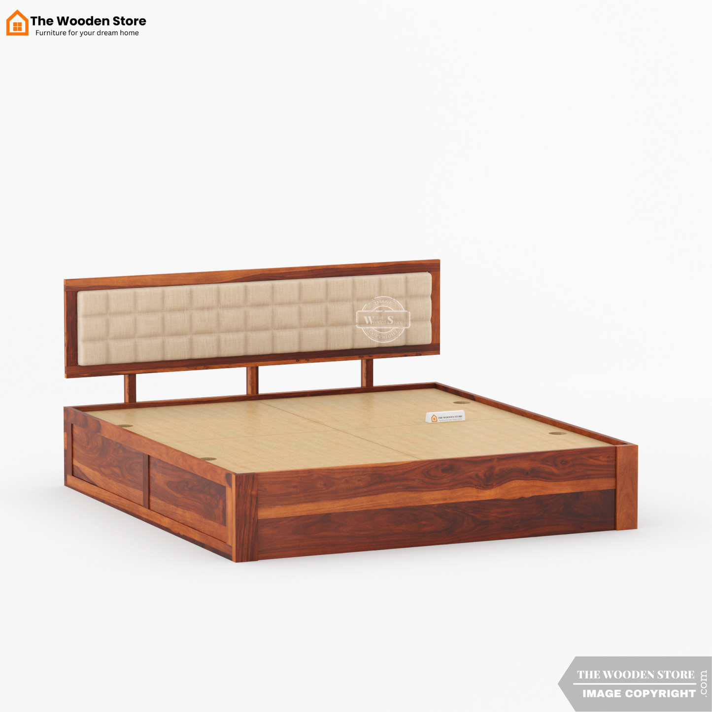 Halis Upholstered Bed With Box Storage (Queen Size, Honey Finish)