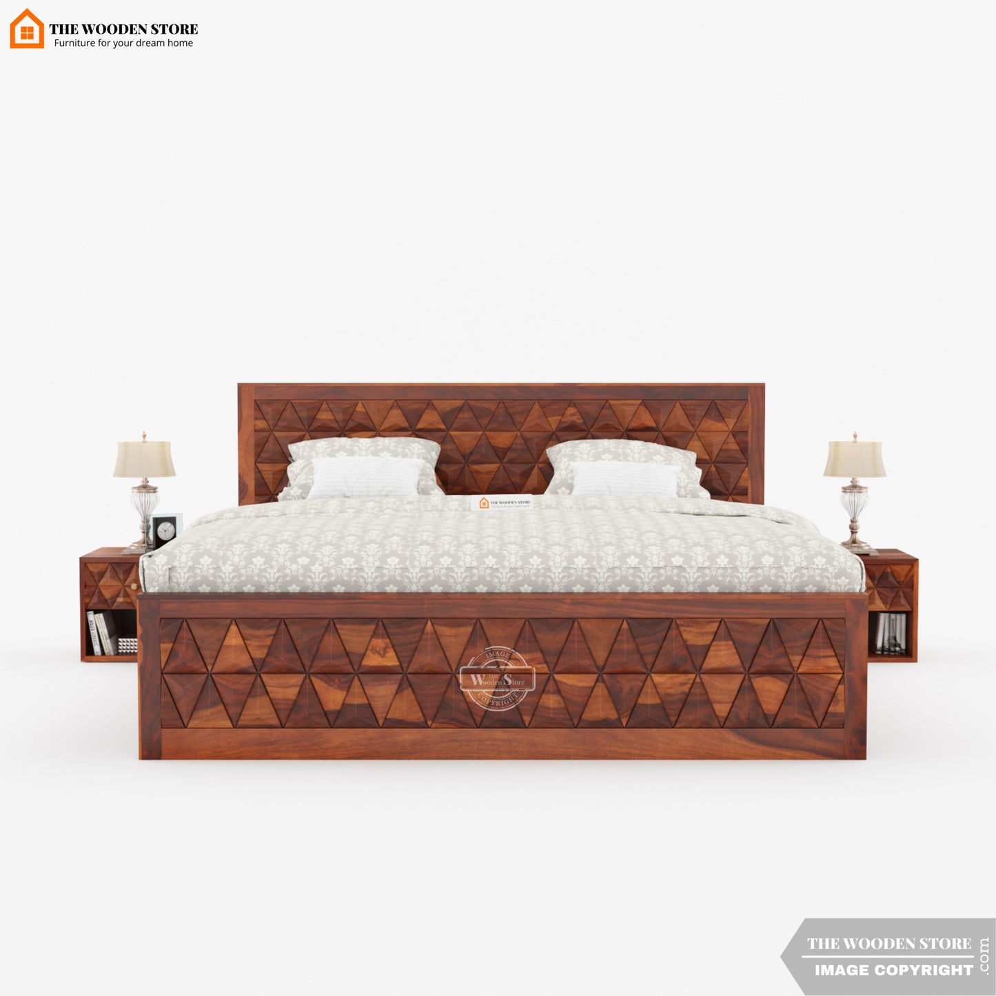 Trihex Bed with Drawer Storage (King Size, Honey Finish)