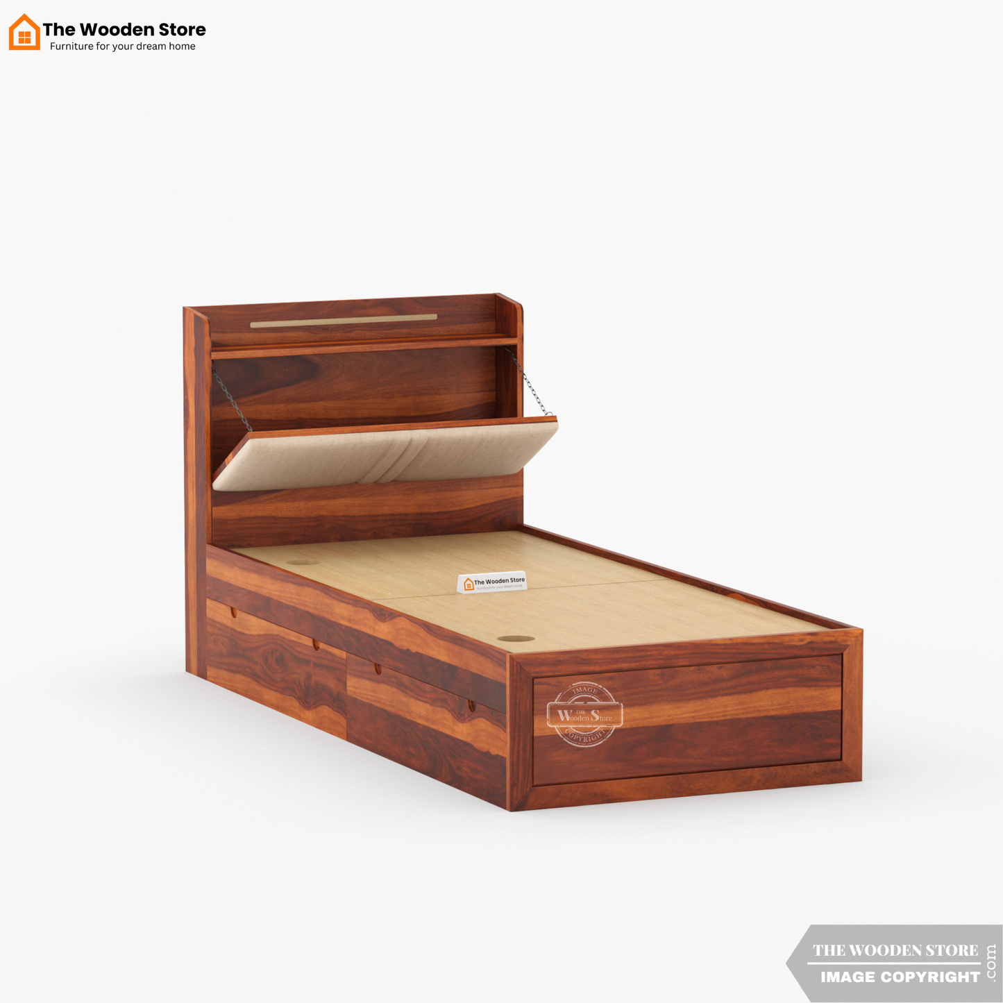 Jensen Upholstered Single Bed With Storage (Honey Finish)