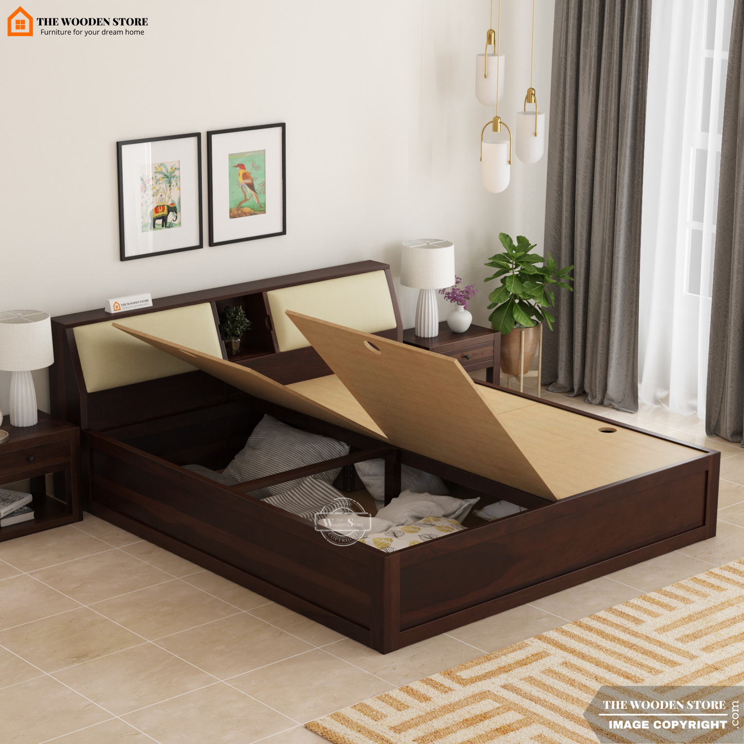 Walker Bed With Box Storage (King Size, Walnut Finish)