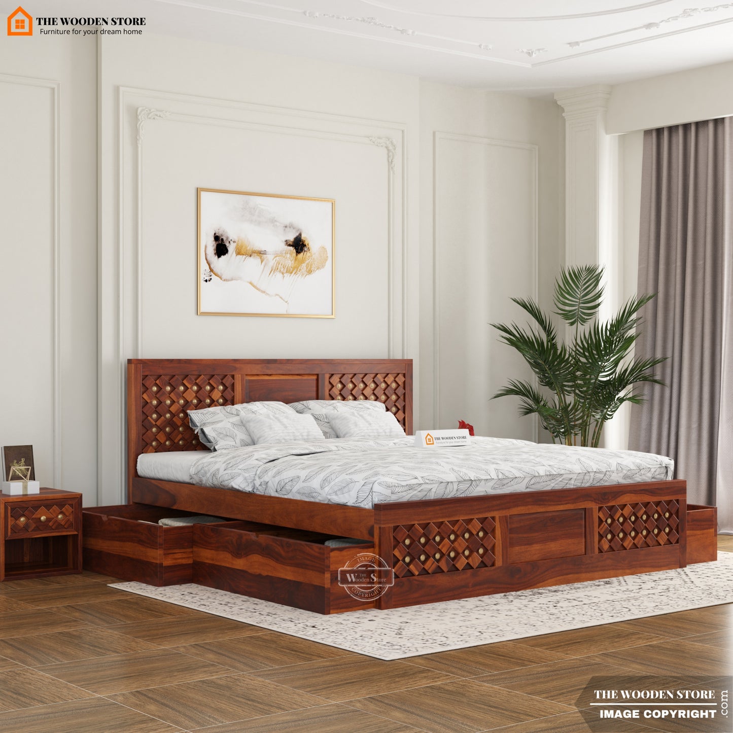 Bronzon Sheesham Wood Bed with Full Drawer Storage (Queen Size, Honey Finish)