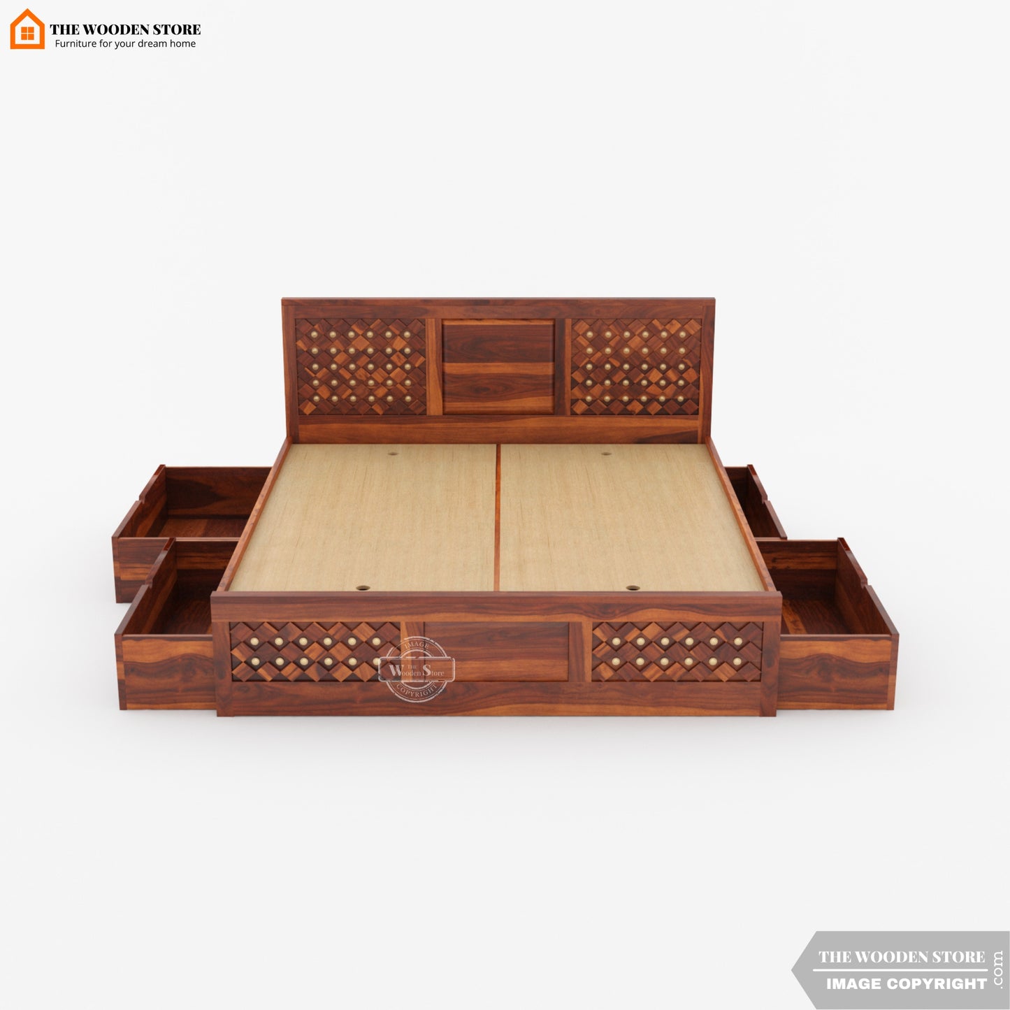 Bronzon Sheesham Wood Bed with Full Drawer Storage (King Size, Honey Finish)