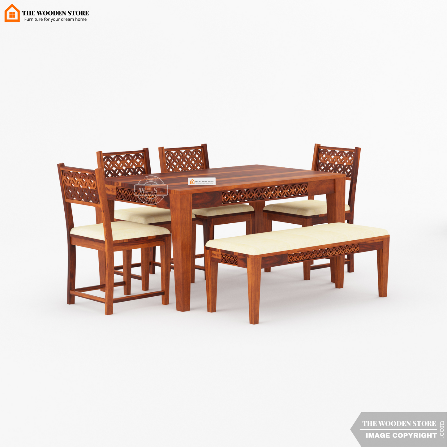 Daffy 6 Seater Dining Set With Bench (Honey Finish)