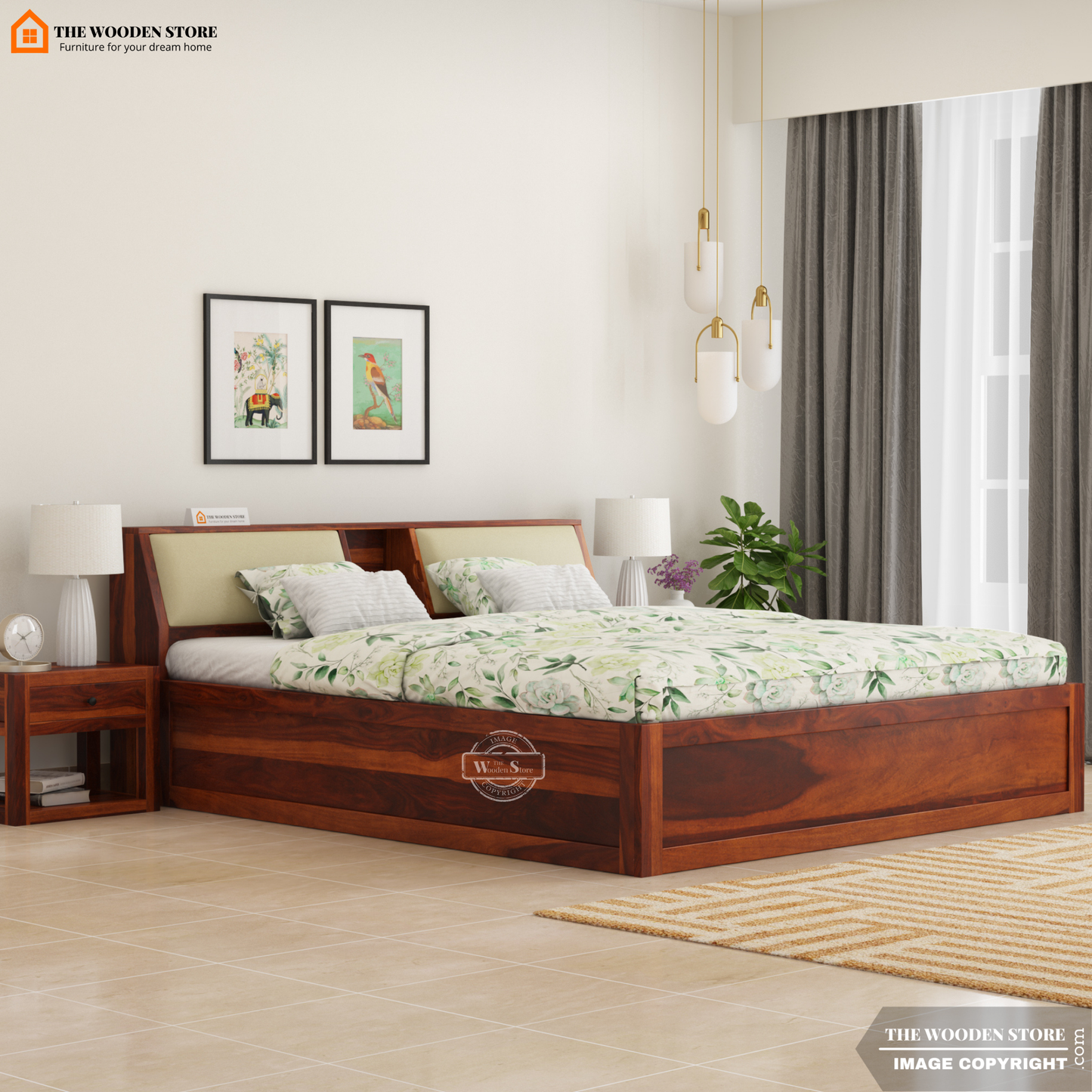 Walker Bed With Box Storage (King Size, Honey Finish)