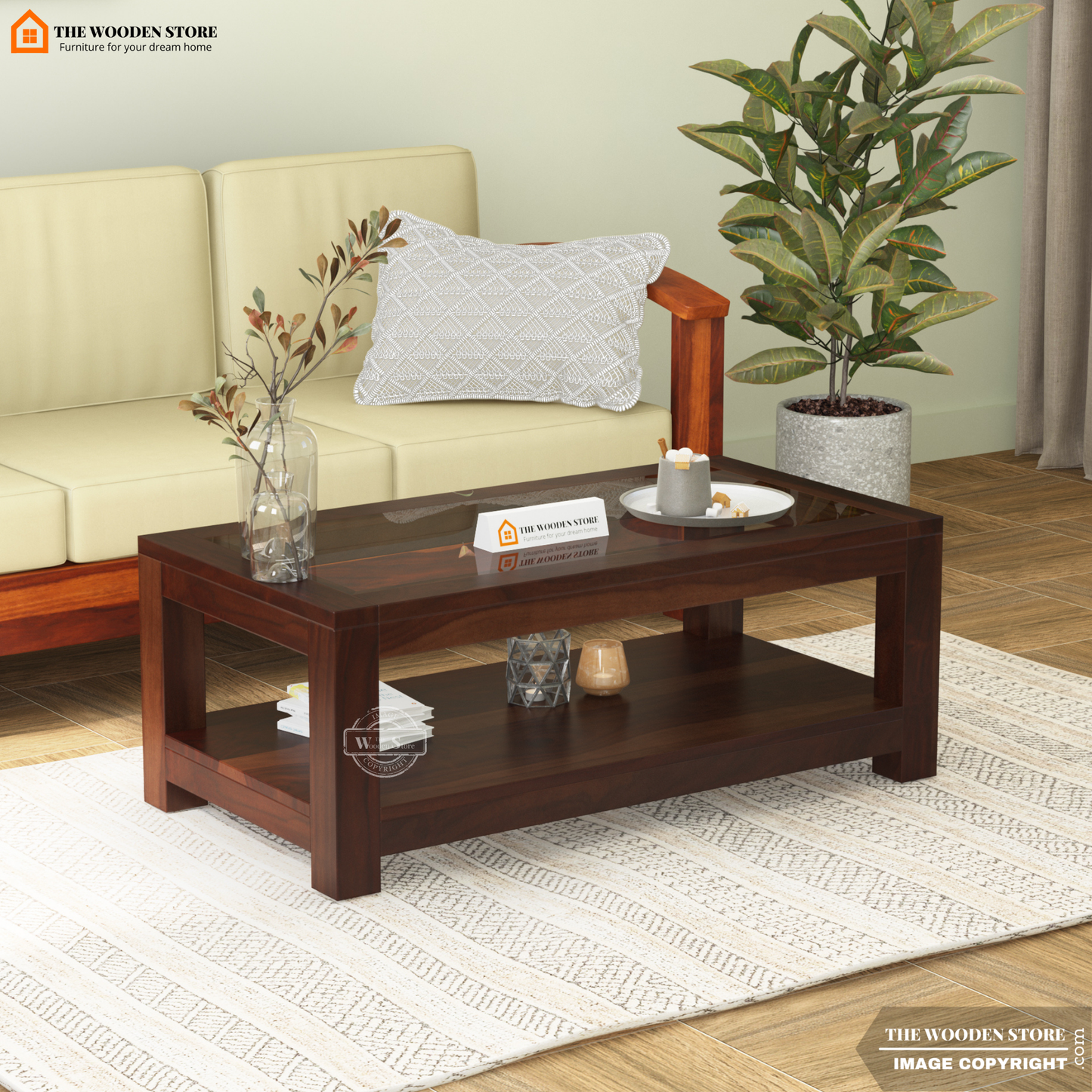 Cove Glass Top Coffee Table (Walnut Finish)