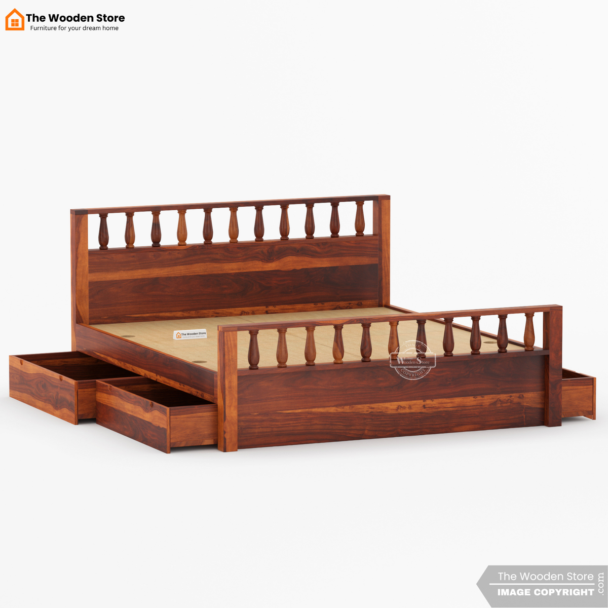 Albus Bed with Drawer Storage (King Size, Honey Finish)