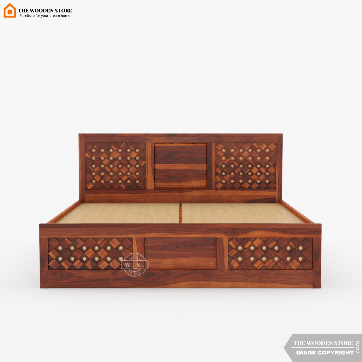 Bronzon Sheesham Wood Bed with Full Drawer Storage (Queen Size, Honey Finish)